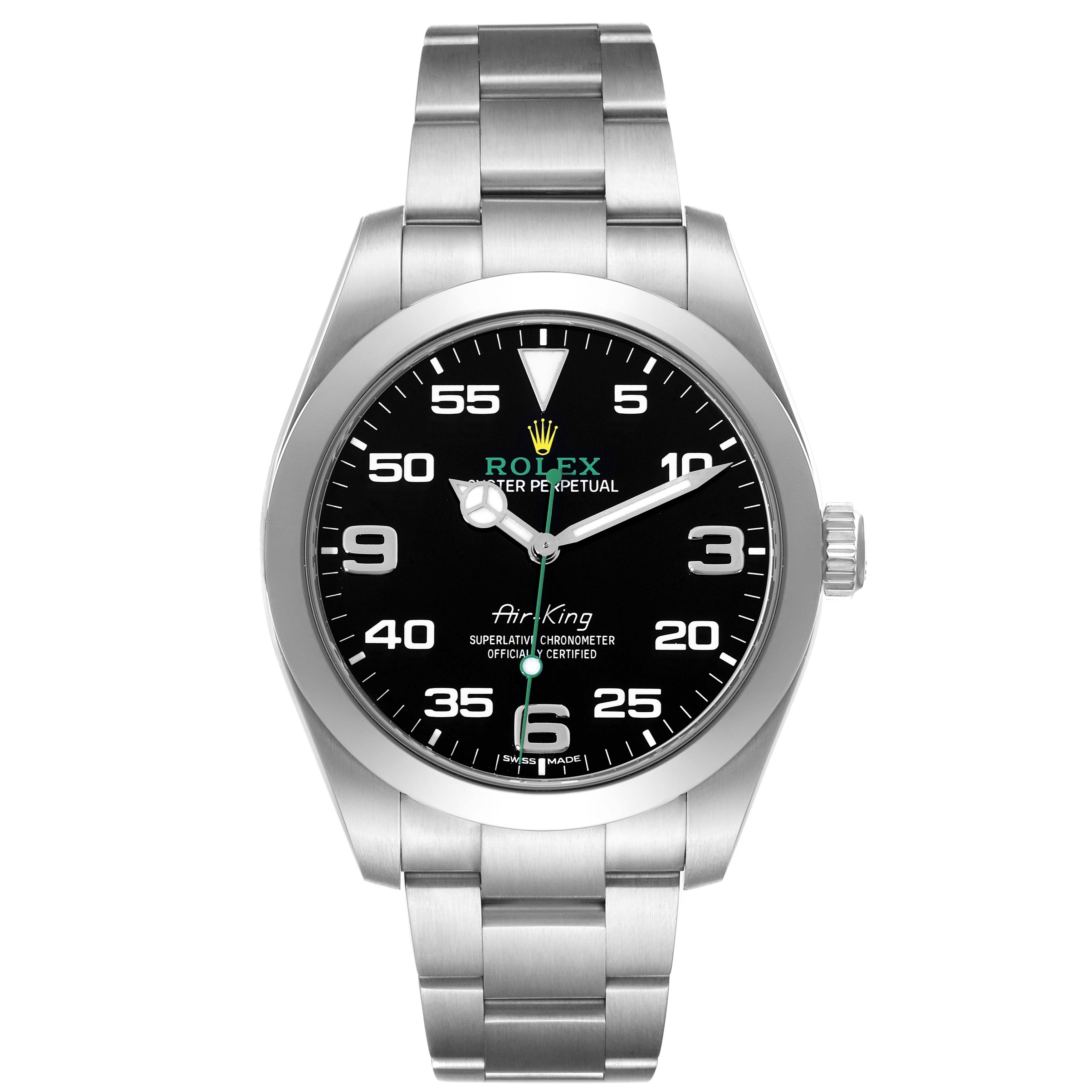 The image shows a front view of a Rolex Air-King 116900 Men's Stainless Steel Black Dial 116900 Men's Stainless Steel Black Dial watch, highlighting the face, bezel, crown, and band.