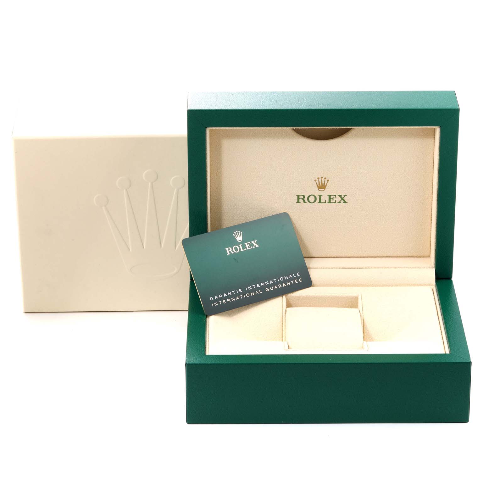 The image shows a Rolex Air-King 116900 Men's Stainless Steel Black Dial 116900 Men's Stainless Steel Black Dial watch box, warranty card, and packaging materials.