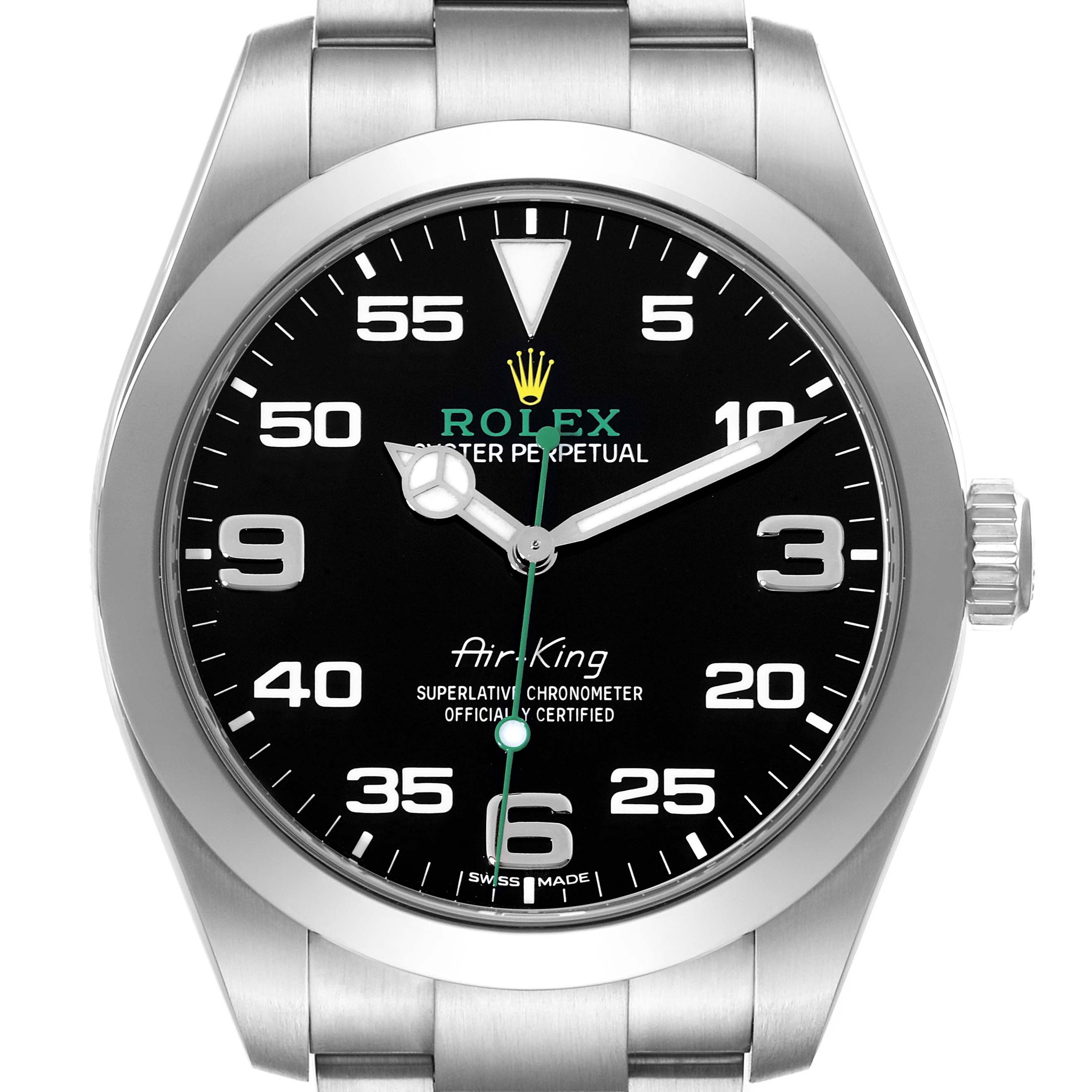 The image shows a front view of a Rolex Air-King 116900 Men's Stainless Steel Black Dial 116900 Men's Stainless Steel Black Dial watch, highlighting the dial, hands, crown, and part of the bracelet.