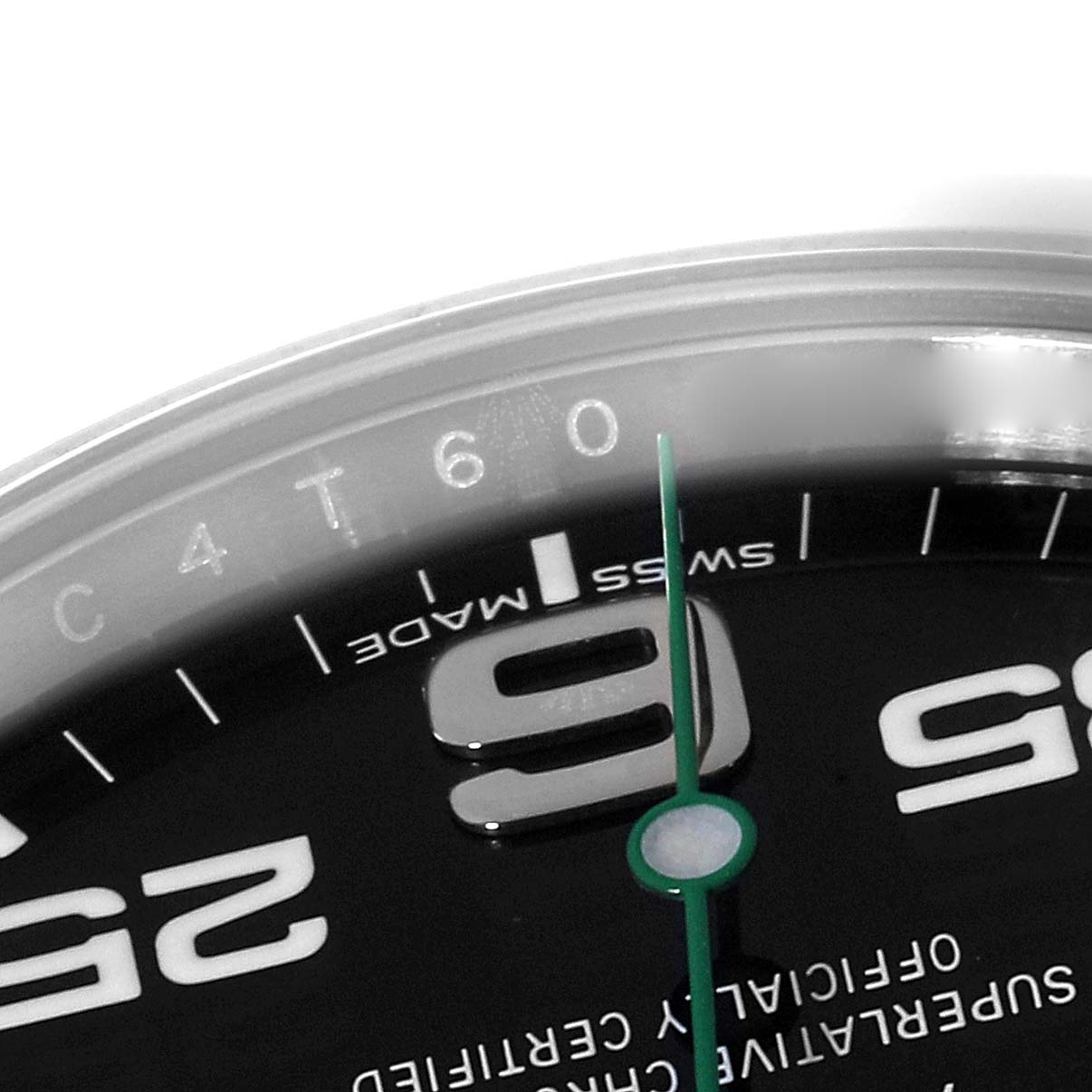The image shows a close-up of the top-left quadrant of the Rolex Air-King 116900 Men's Stainless Steel Black Dial 116900 Men's Stainless Steel Black Dial watch dial, clearly displaying the numeral "9."