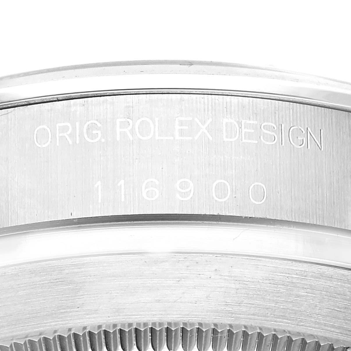 The image shows the side view of the case back of a Rolex Air-King 116900 Men's Stainless Steel Black Dial 116900 Men's Stainless Steel Black Dial watch, displaying its model number and design engraving.