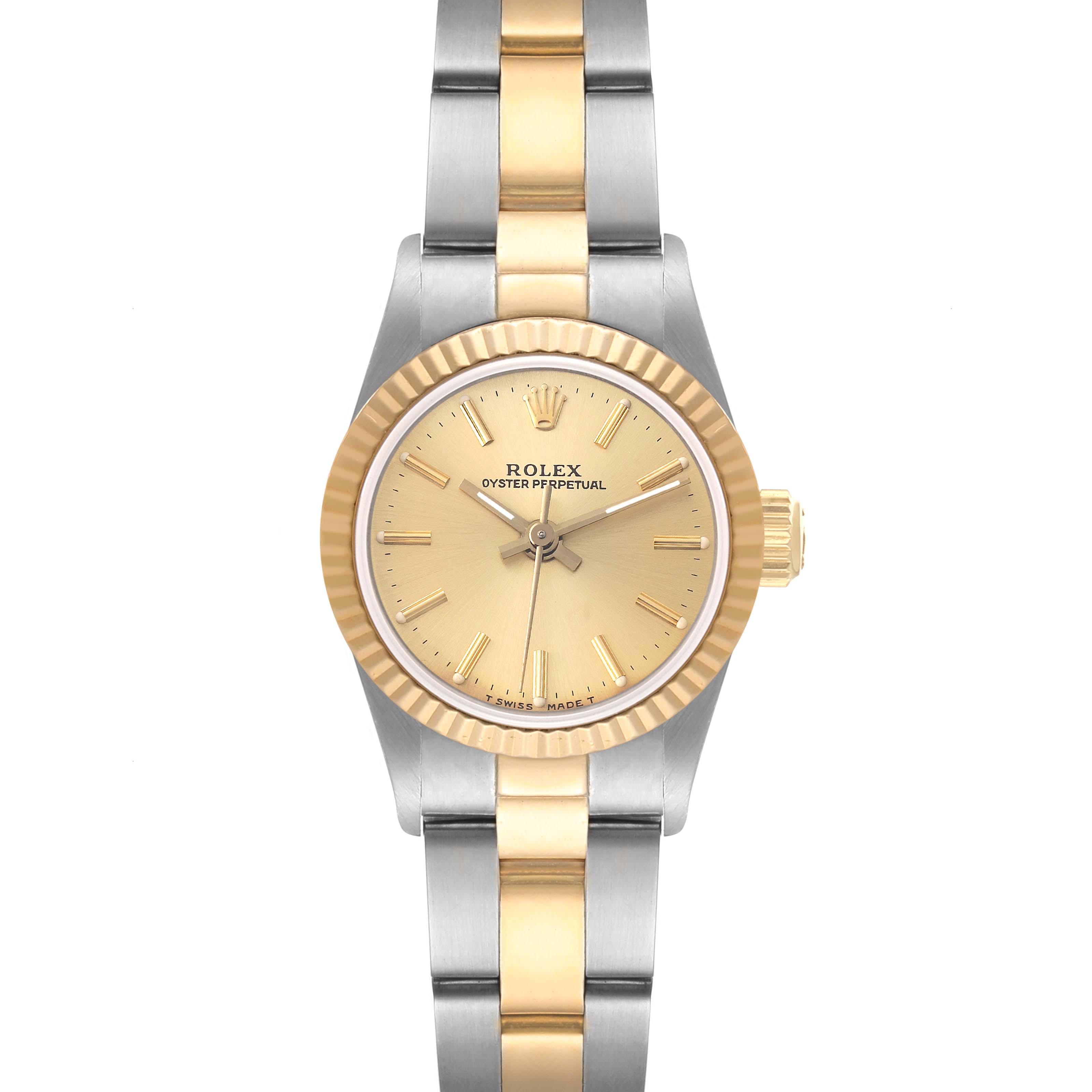 This image shows a front view of a Rolex Oyster Perpetual 67193 Women's Steel and Gold (two tone) Champagne Dial 67193 Women's Steel and Gold (two tone) Champagne Dial watch, highlighting its gold dial, bezel, and two-tone bracelet.