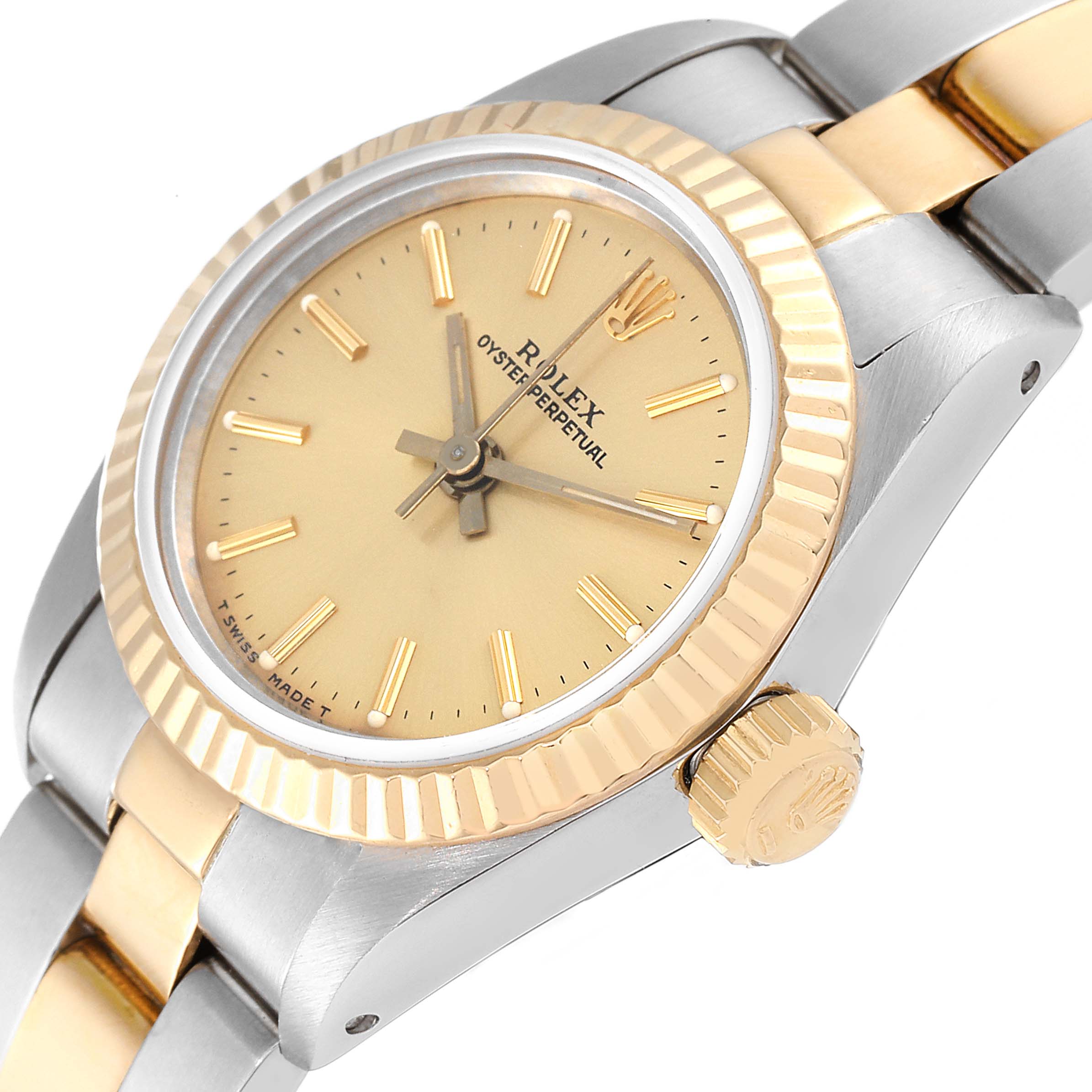 The image shows a close-up side angle of the Rolex Oyster Perpetual 67193 Women's Steel and Gold (two tone) Champagne Dial 67193 Women's Steel and Gold (two tone) Champagne Dial watch, highlighting the dial, bezel, and crown.