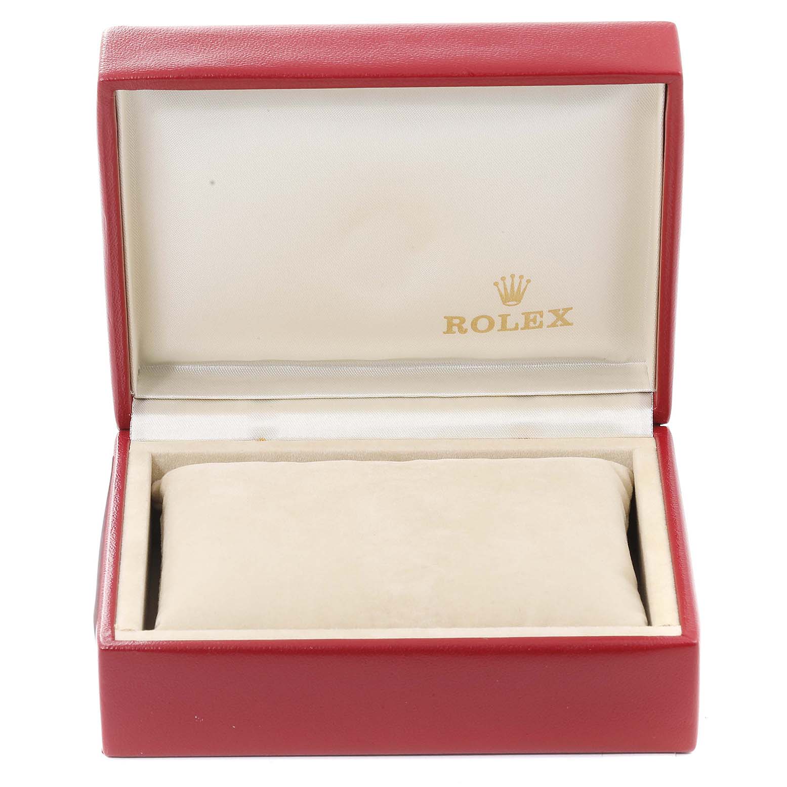 The image shows an open Rolex Oyster Perpetual 67193 Women's Steel and Gold (two tone) Champagne Dial 67193 Women's Steel and Gold (two tone) Champagne Dial watch box with a red exterior and a beige interior.