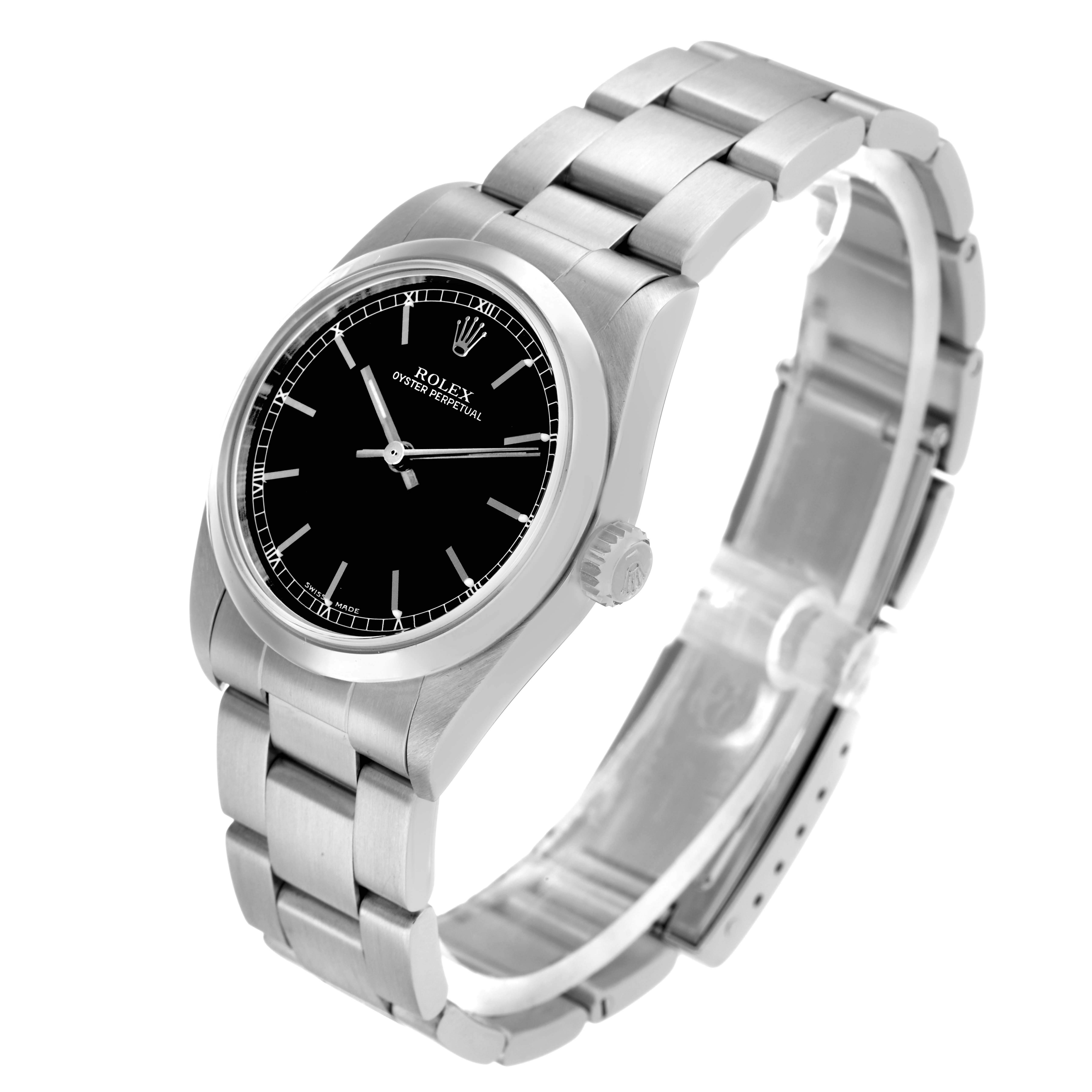 The Rolex Oyster Perpetual 77080 Women's Stainless Steel Black Dial watch is shown at an angle highlighting the face, crown, and bracelet.