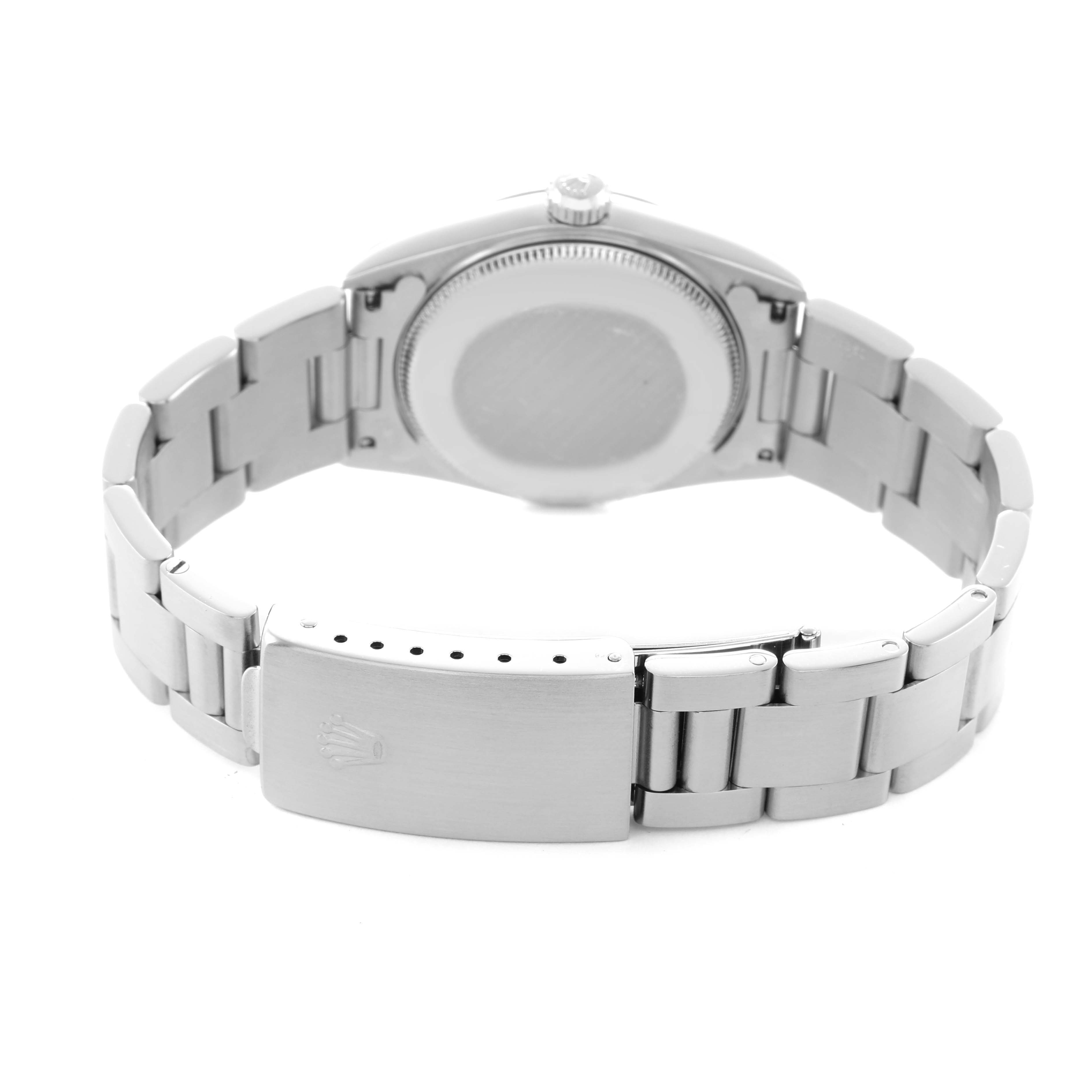 The image shows the back case and clasp of a Rolex Oyster Perpetual 77080 Women's Stainless Steel Black Dial watch, highlighting the bracelet and clasp details.