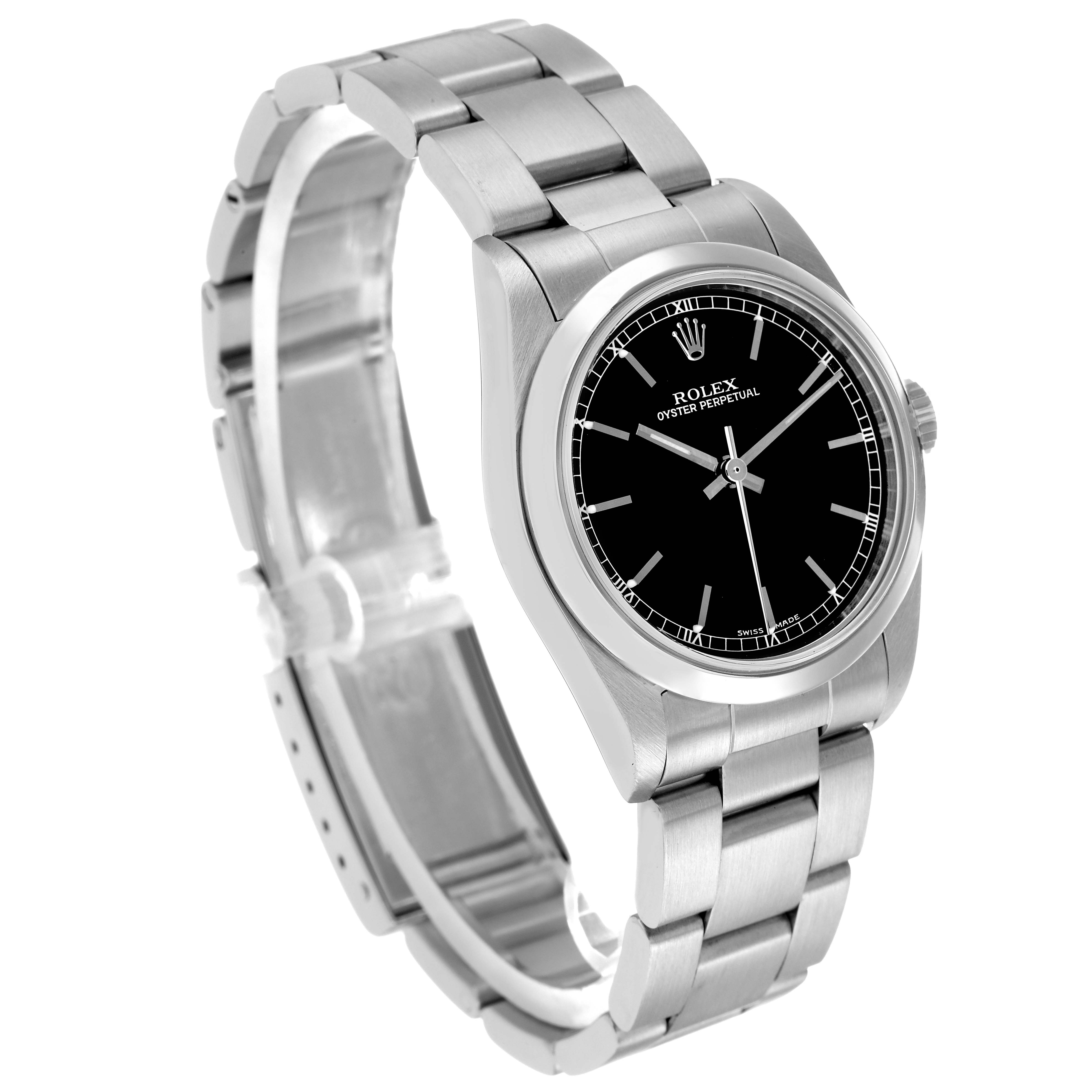 The Rolex Oyster Perpetual 77080 Women's Stainless Steel Black Dial watch is shown at a three-quarter angle, highlighting the face, bezel, and bracelet.