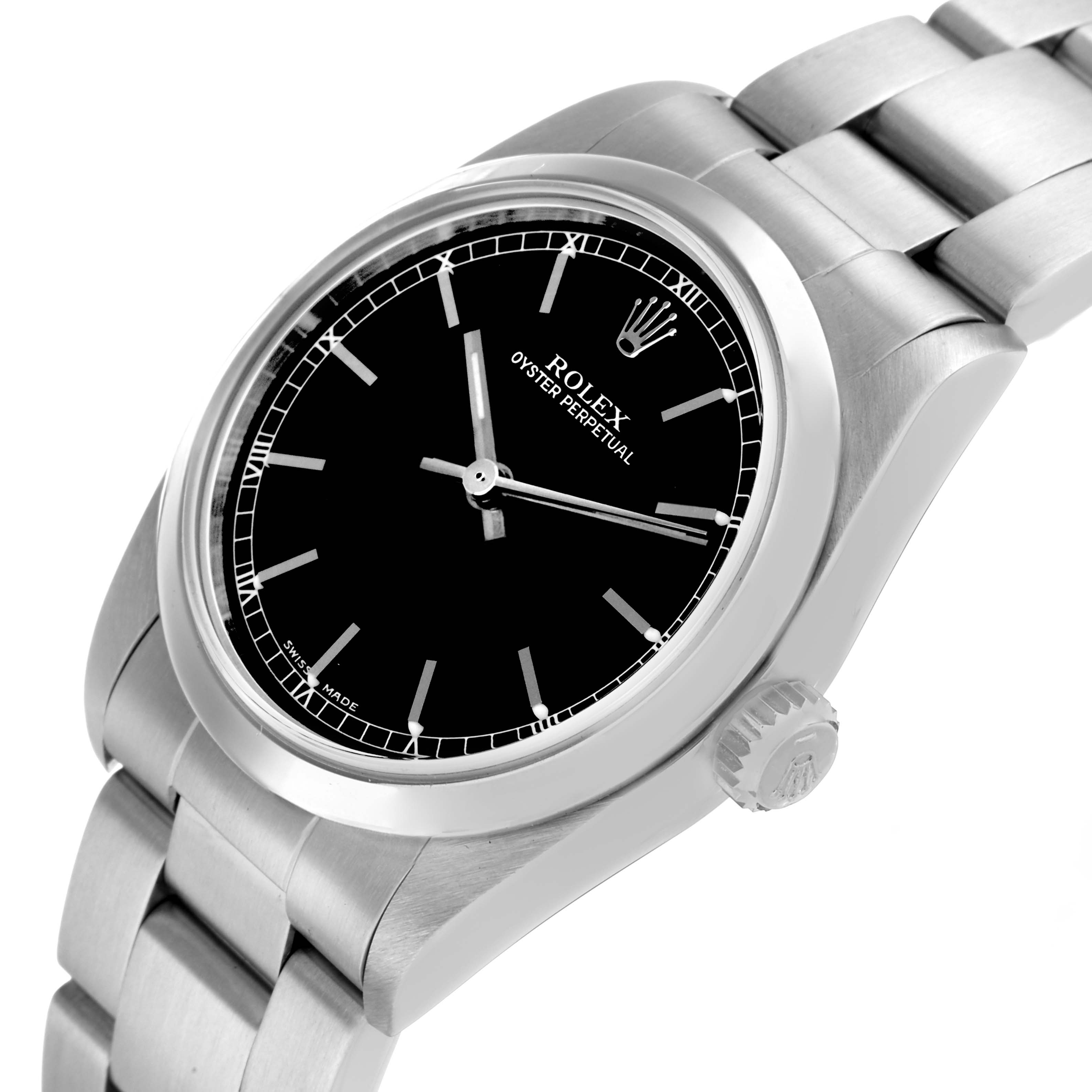 The Rolex Oyster Perpetual 77080 Women's Stainless Steel Black Dial watch is shown at a three-quarter angle, displaying the dial, bezel, crown, and bracelet.