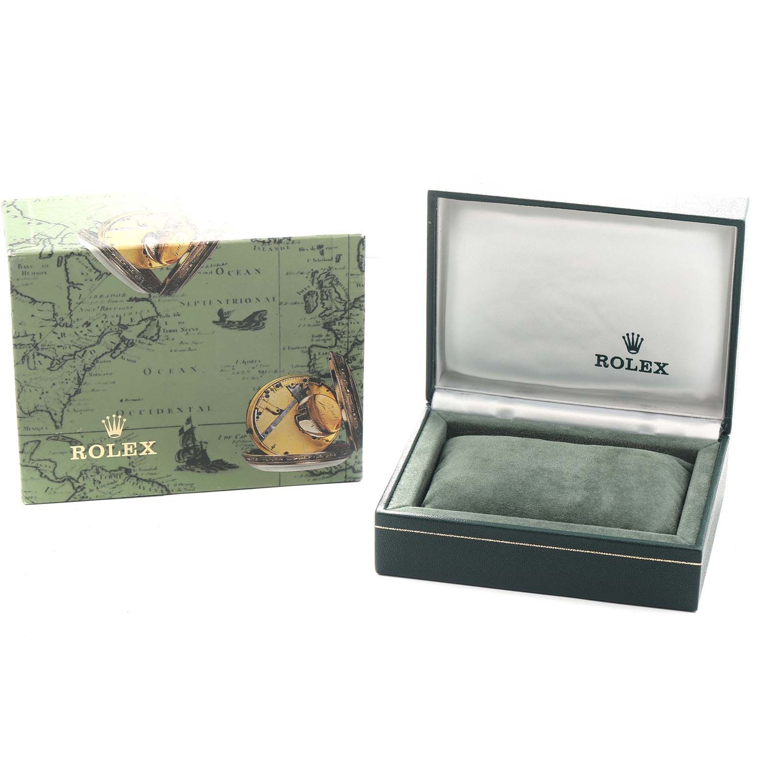 The image shows a Rolex Oyster Perpetual 77080 Women's Stainless Steel Black Dial box and outer packaging, both open and empty, displaying the brand logo.