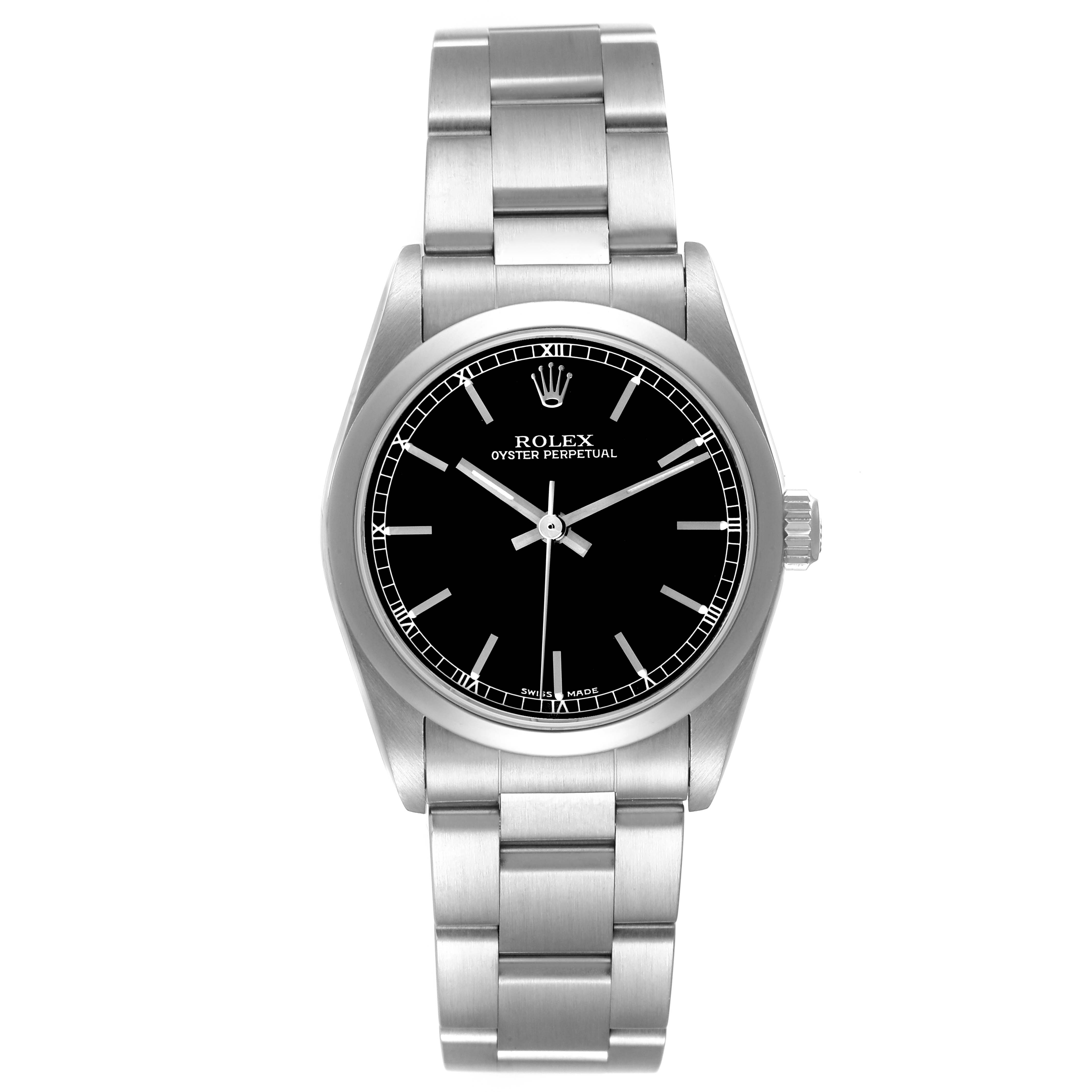 The Rolex Oyster Perpetual 77080 Women's Stainless Steel Black Dial watch is shown from the front, displaying the dial, case, bezel, bracelet, and crown.