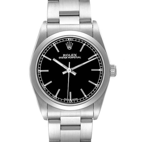 The Rolex Oyster Perpetual 77080 Women
s Stainless Steel Black Dial watch is shown from the front, displaying the face, bezel, bracelet, and crown.