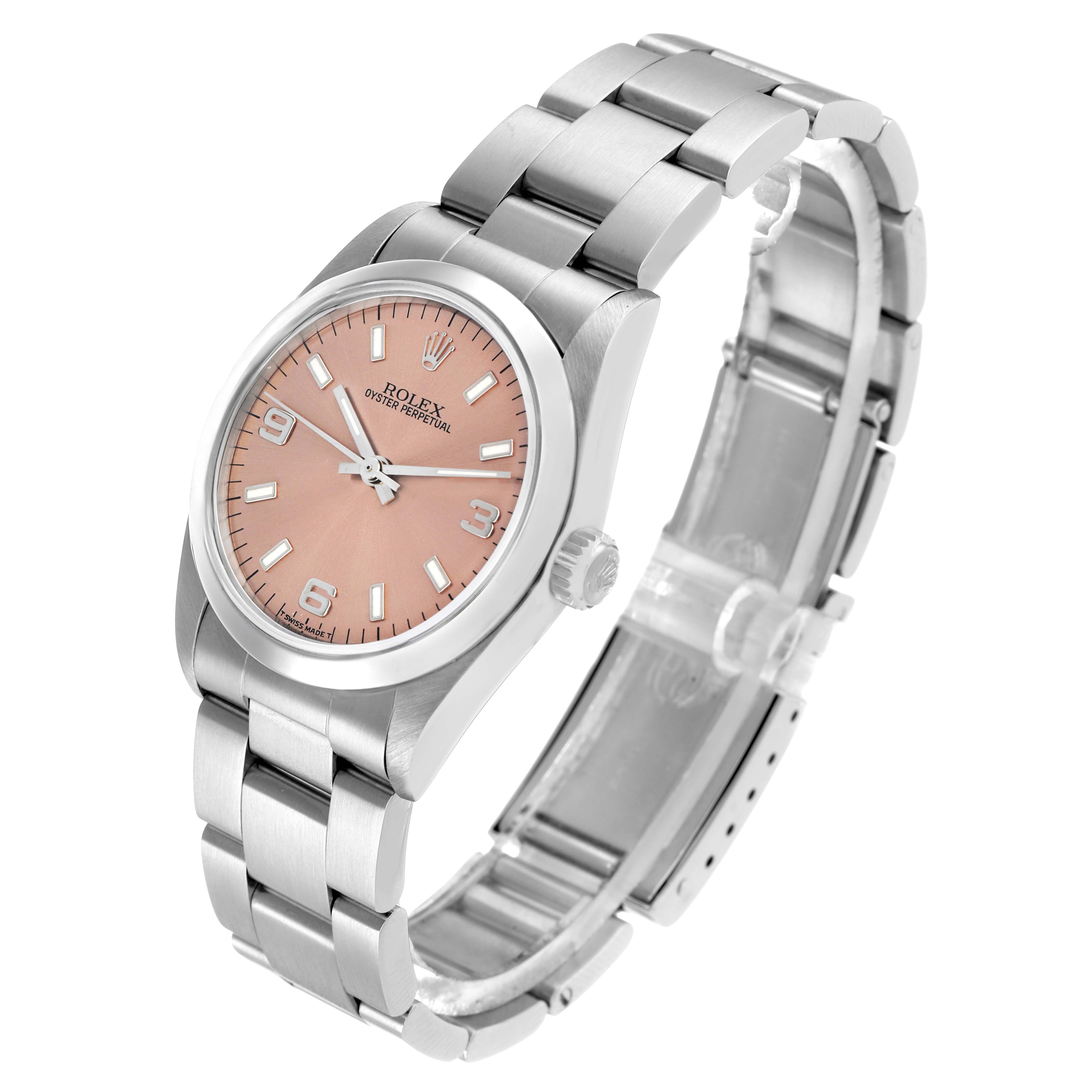The Rolex Mid-Size 67480 Women's Stainless Steel Pink Dial watch is shown at a three-quarter angle, highlighting the face, bezel, and bracelet.
