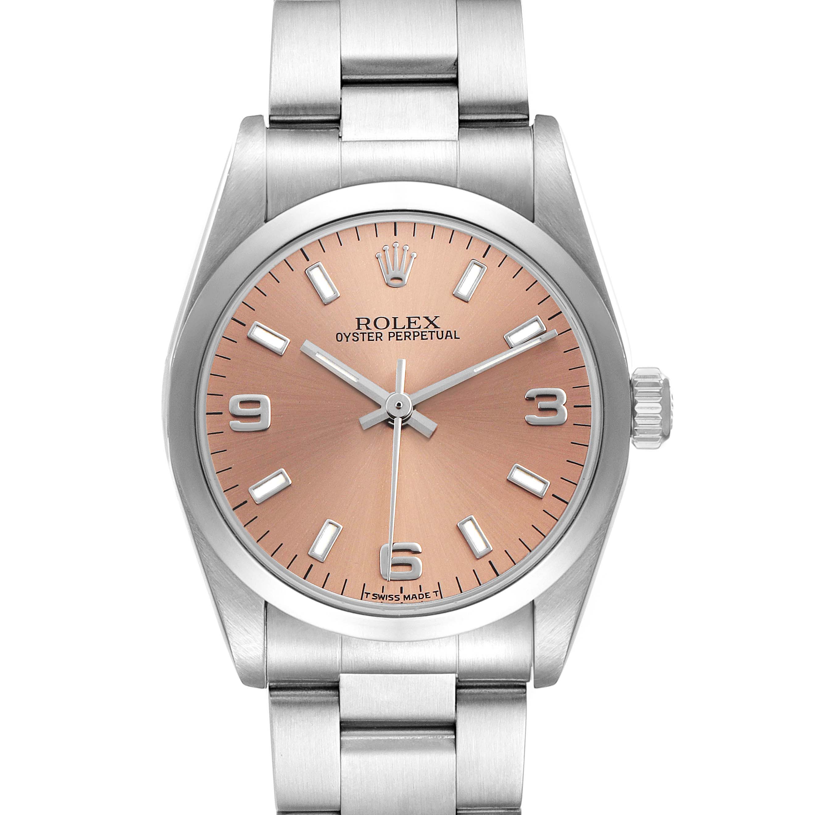 The Rolex Mid-Size 67480 Women's Stainless Steel Pink Dial watch is shown from the front, featuring its dial, hands, crown, and bracelet.