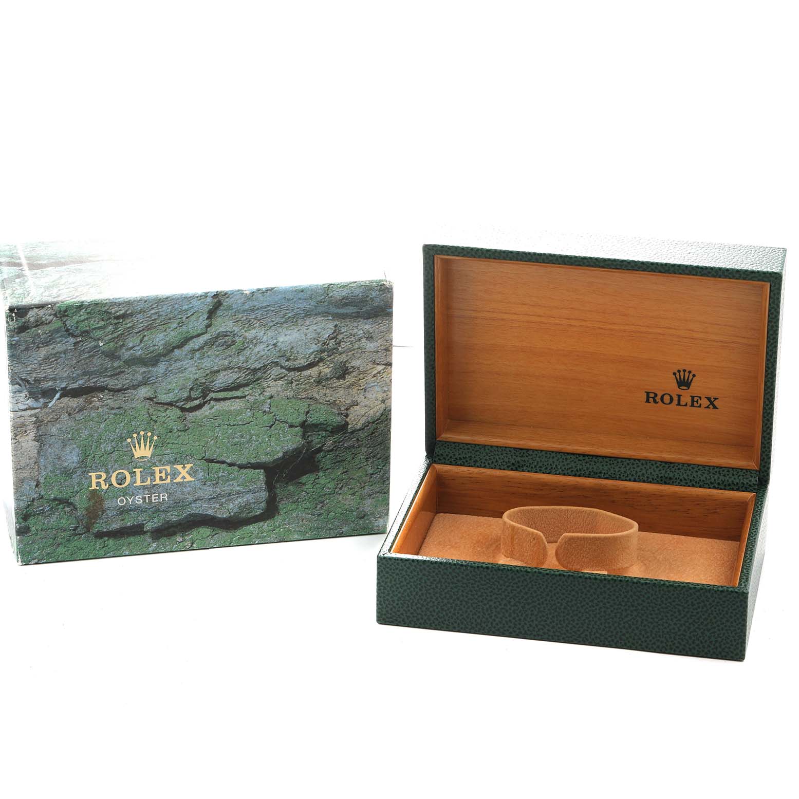 The image shows an open Rolex Oyster box with a watch pillow, alongside the closed packaging box.