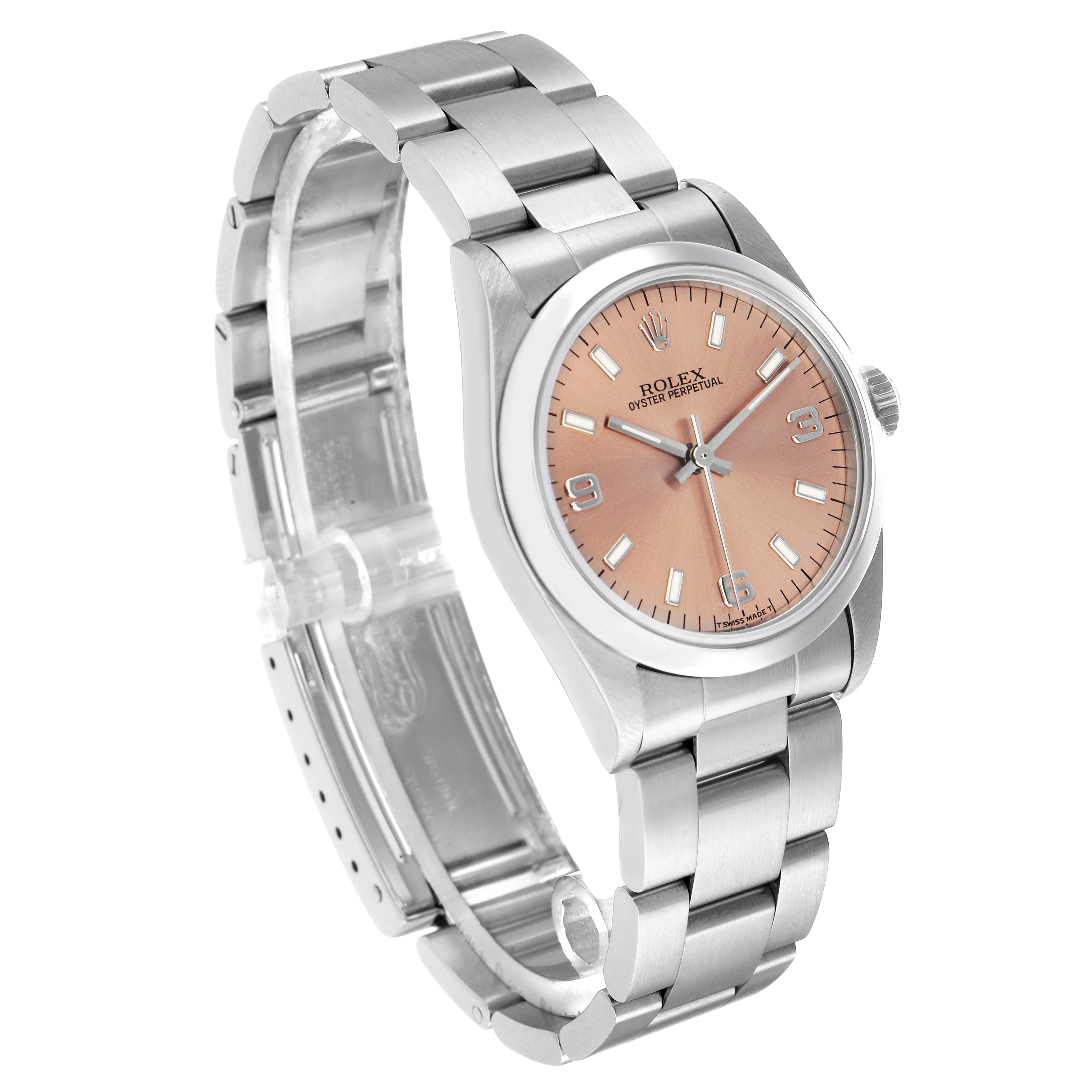 This image shows a Rolex Mid-Size 67480 Women's Stainless Steel Pink Dial watch at a slight angle, highlighting the dial, bezel, and bracelet.