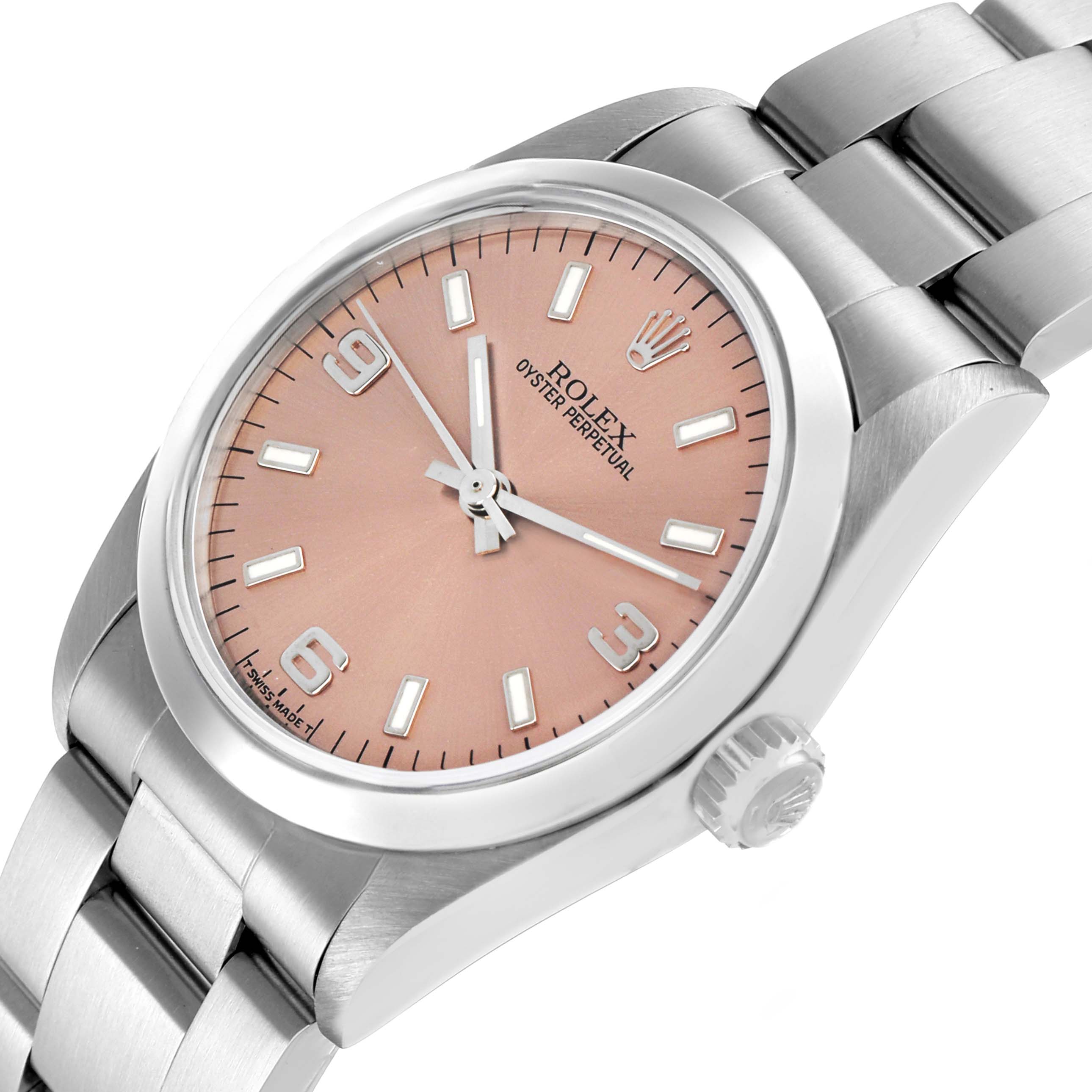 The image shows a Rolex Oyster Perpetual Mid-Size watch at an angled front view, highlighting the dial, bezel, crown, and bracelet.