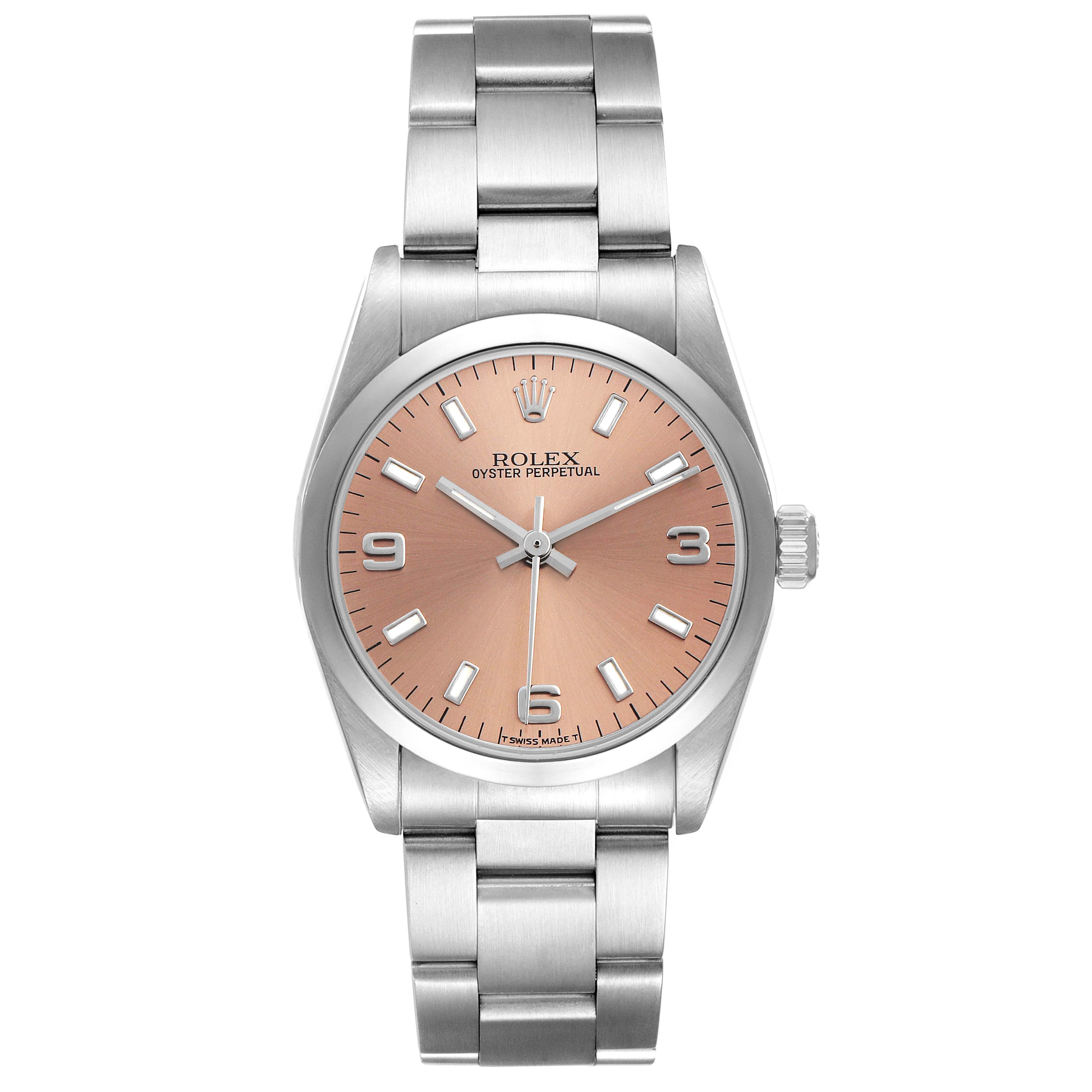The Rolex Mid-Size 67480 Women's Stainless Steel Pink Dial watch is shown from a front angle, highlighting the dial, bezel, and bracelet.
