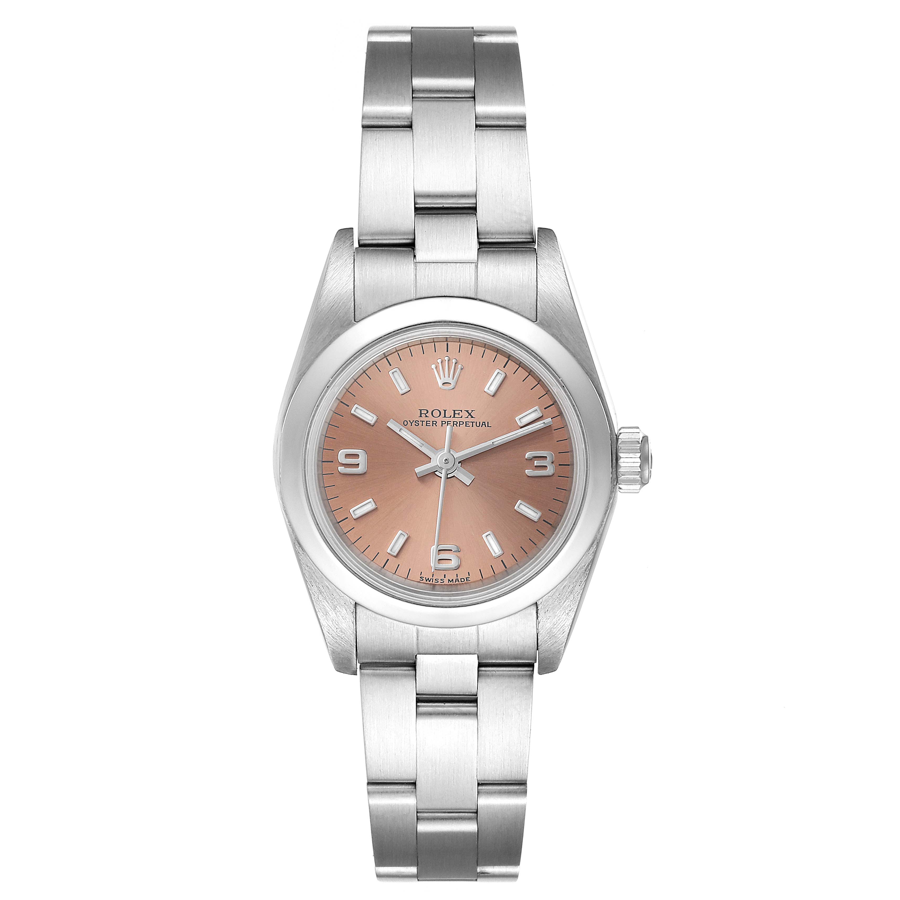 The Rolex Oyster Perpetual 76080 Women
s Stainless Steel Pink Dial 76080 Women
s Stainless Steel Pink Dial watch is shown from the front, displaying the dial, case, and bracelet.