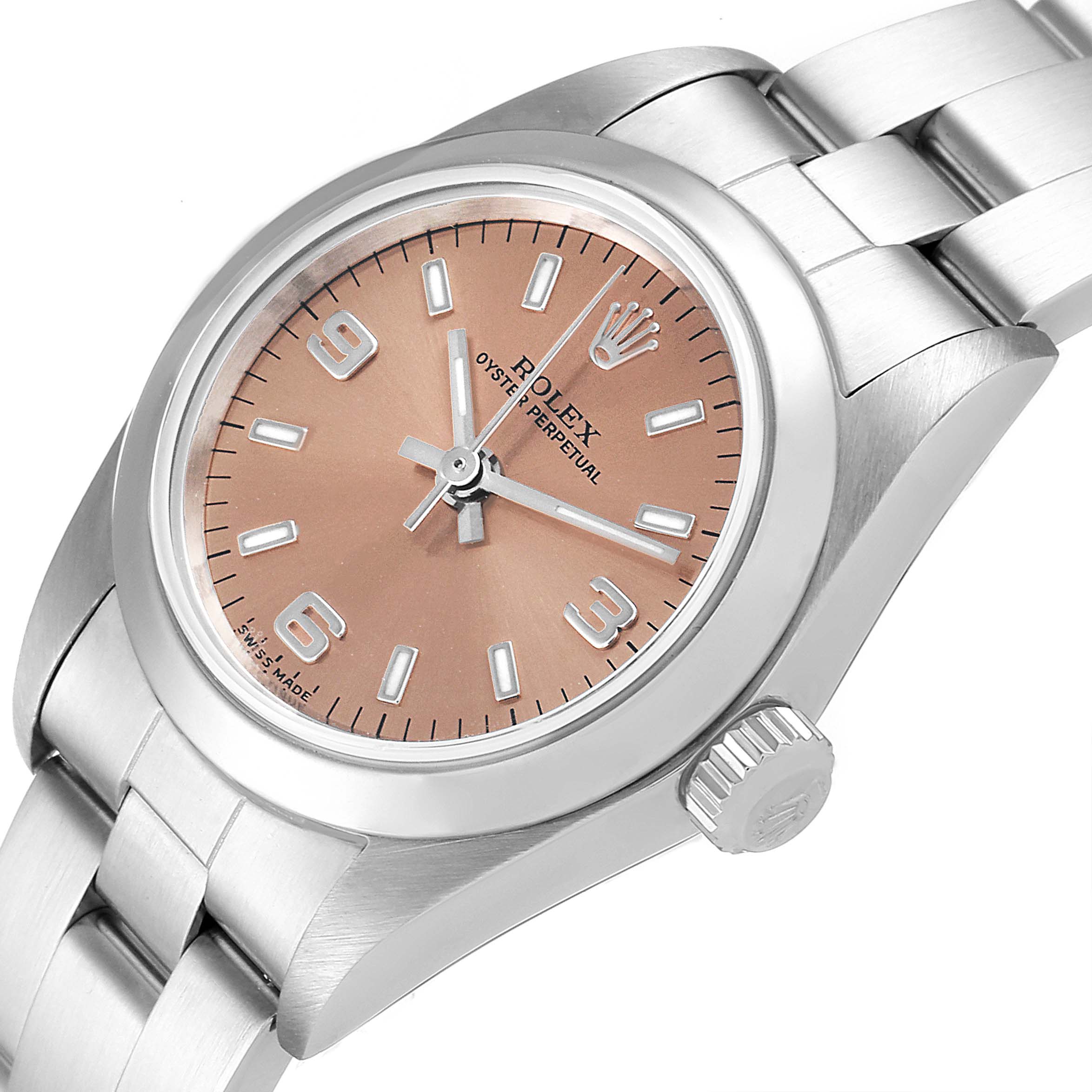 The image shows a close-up angled view of a Rolex Oyster Perpetual 76080 Women
s Stainless Steel Pink Dial 76080 Women
s Stainless Steel Pink Dial watch, highlighting the dial, crown, and bracelet.