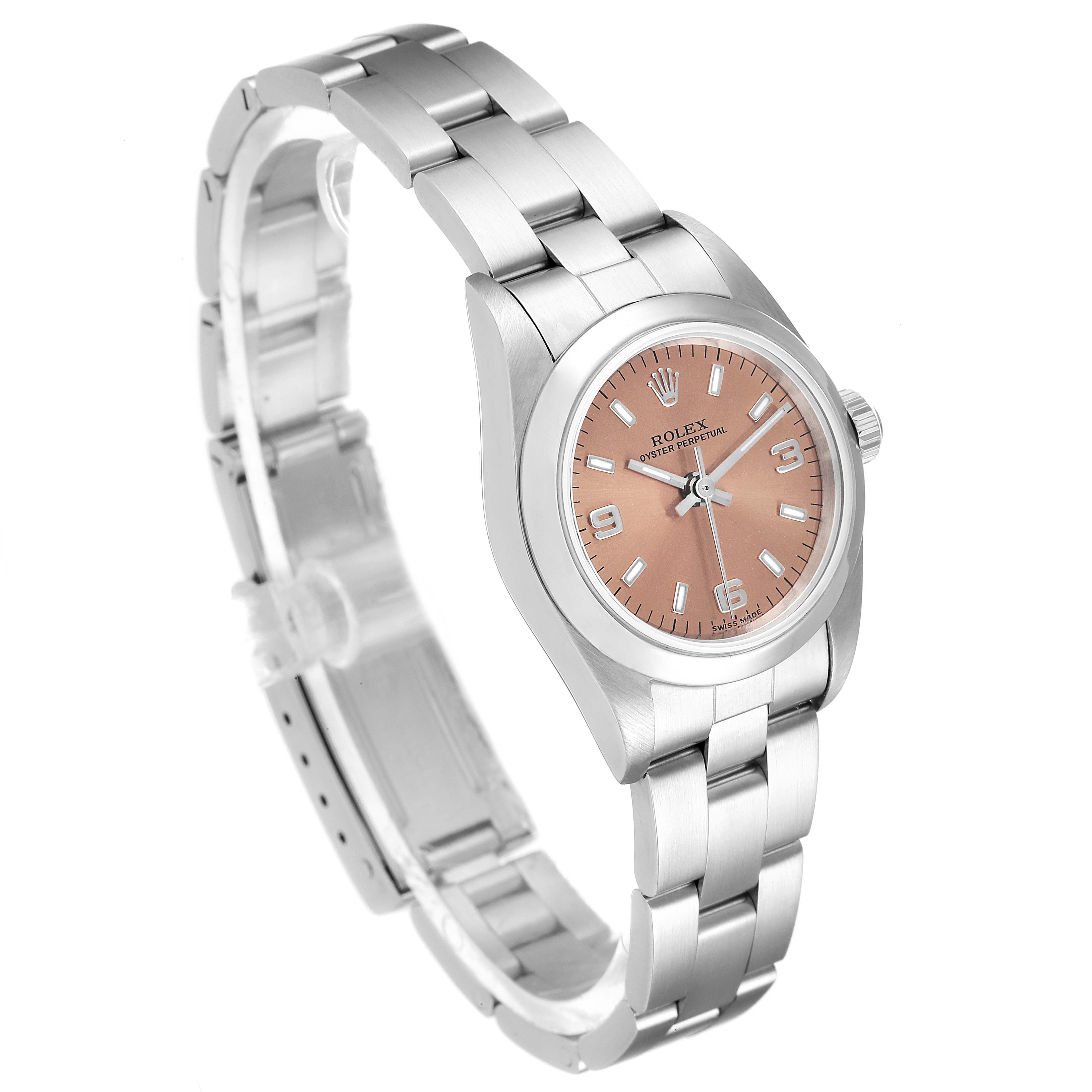 This is a Rolex Oyster Perpetual 76080 Women
s Stainless Steel Pink Dial 76080 Women
s Stainless Steel Pink Dial watch shown from an oblique angle, highlighting the bracelet, case, and dial.