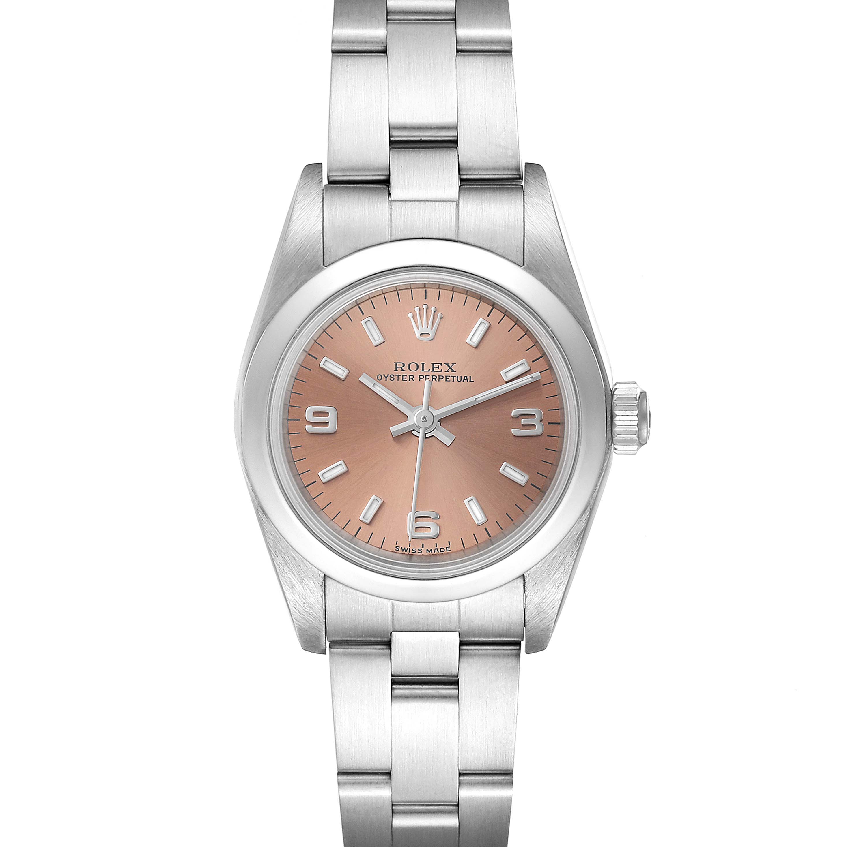 The image shows the full front view of a Rolex Oyster Perpetual 76080 Women
s Stainless Steel Pink Dial 76080 Women
s Stainless Steel Pink Dial watch, highlighting its pink dial and stainless steel bracelet.