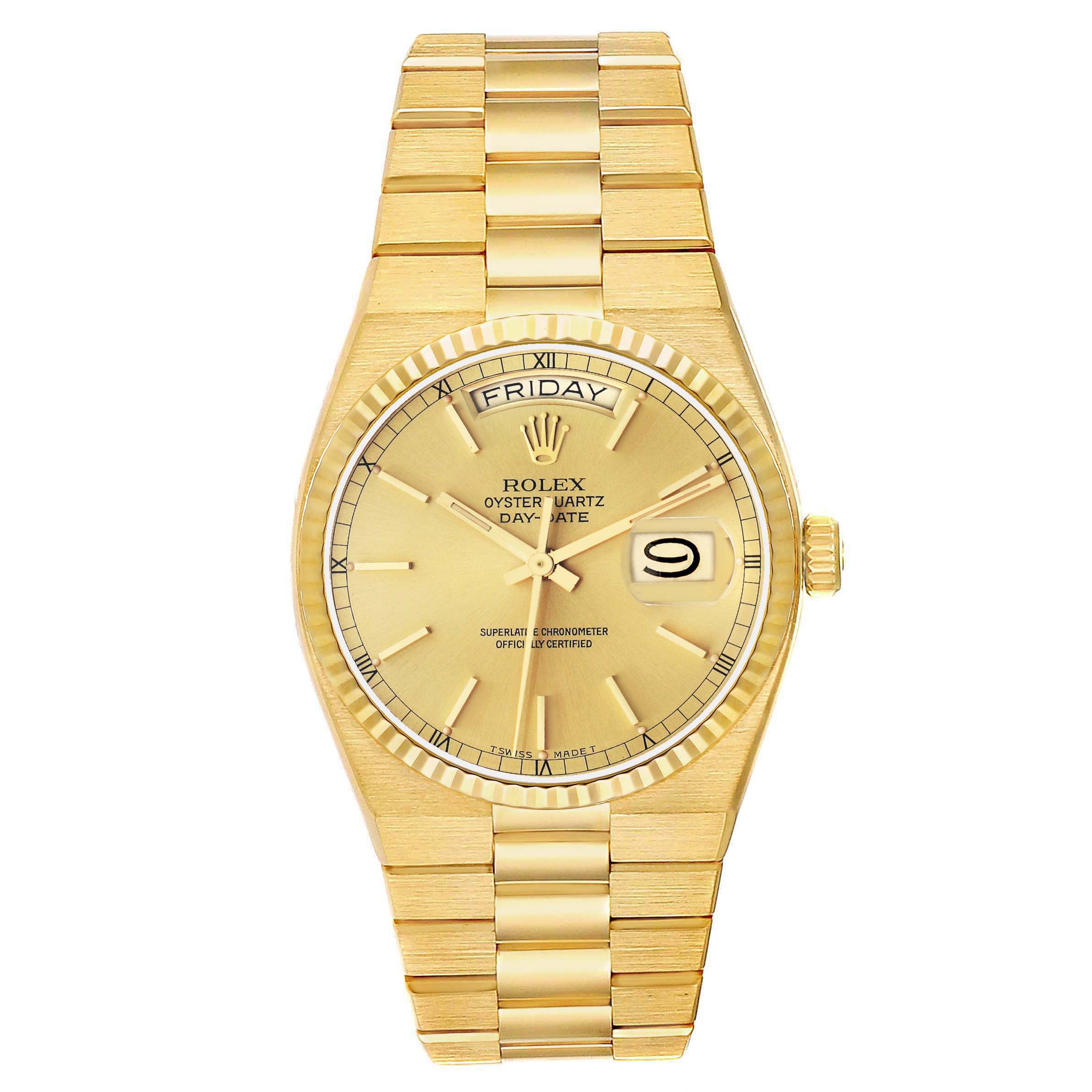 The Rolex Oysterquartz 19018 Men's Yellow Gold Champagne Dial watch is shown from a top-down view, displaying the dial, bracelet, crown, and day-date feature.