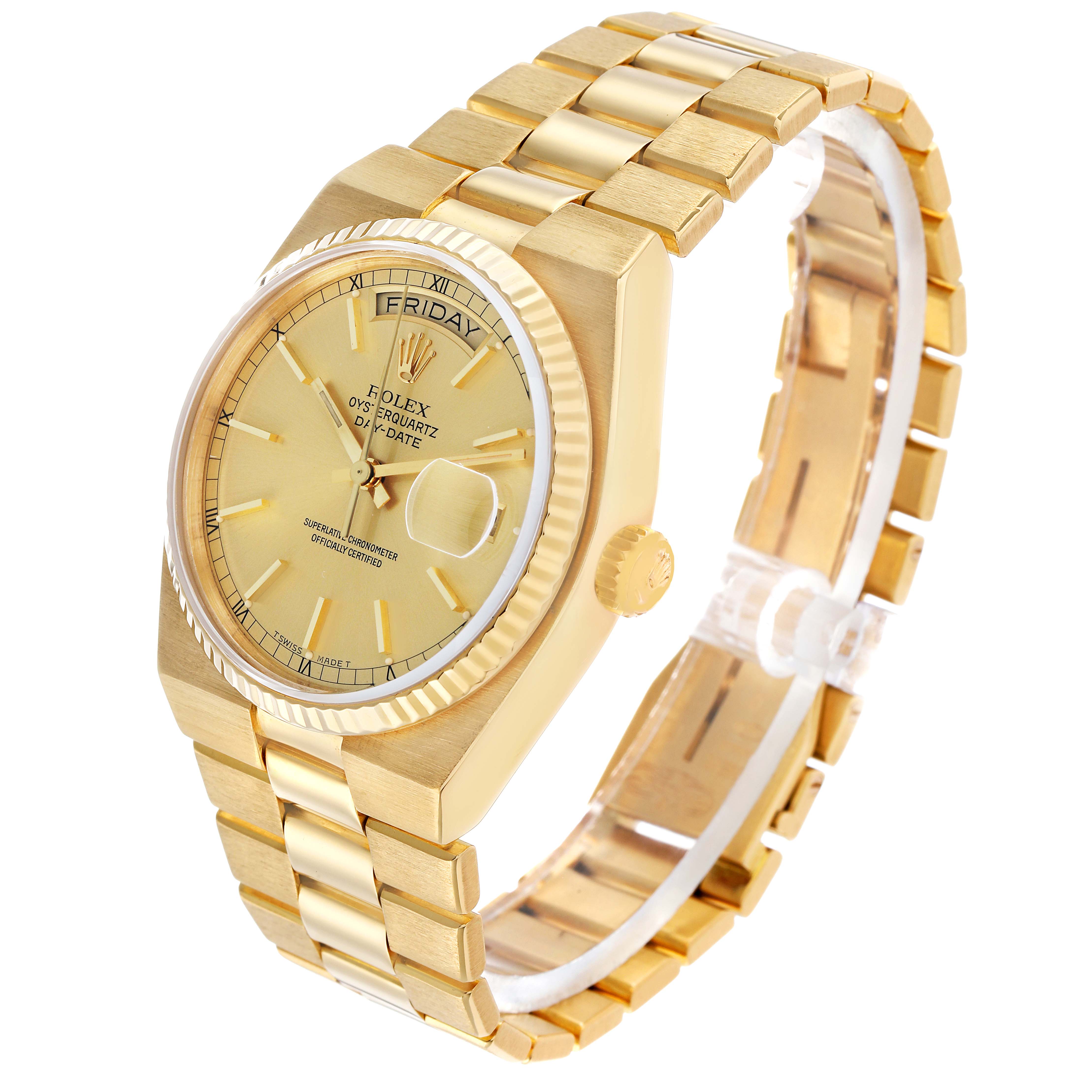 The Rolex Oysterquartz 19018 Men's Yellow Gold Champagne Dial watch is shown at an angled side view, highlighting the case, bracelet, and dial.