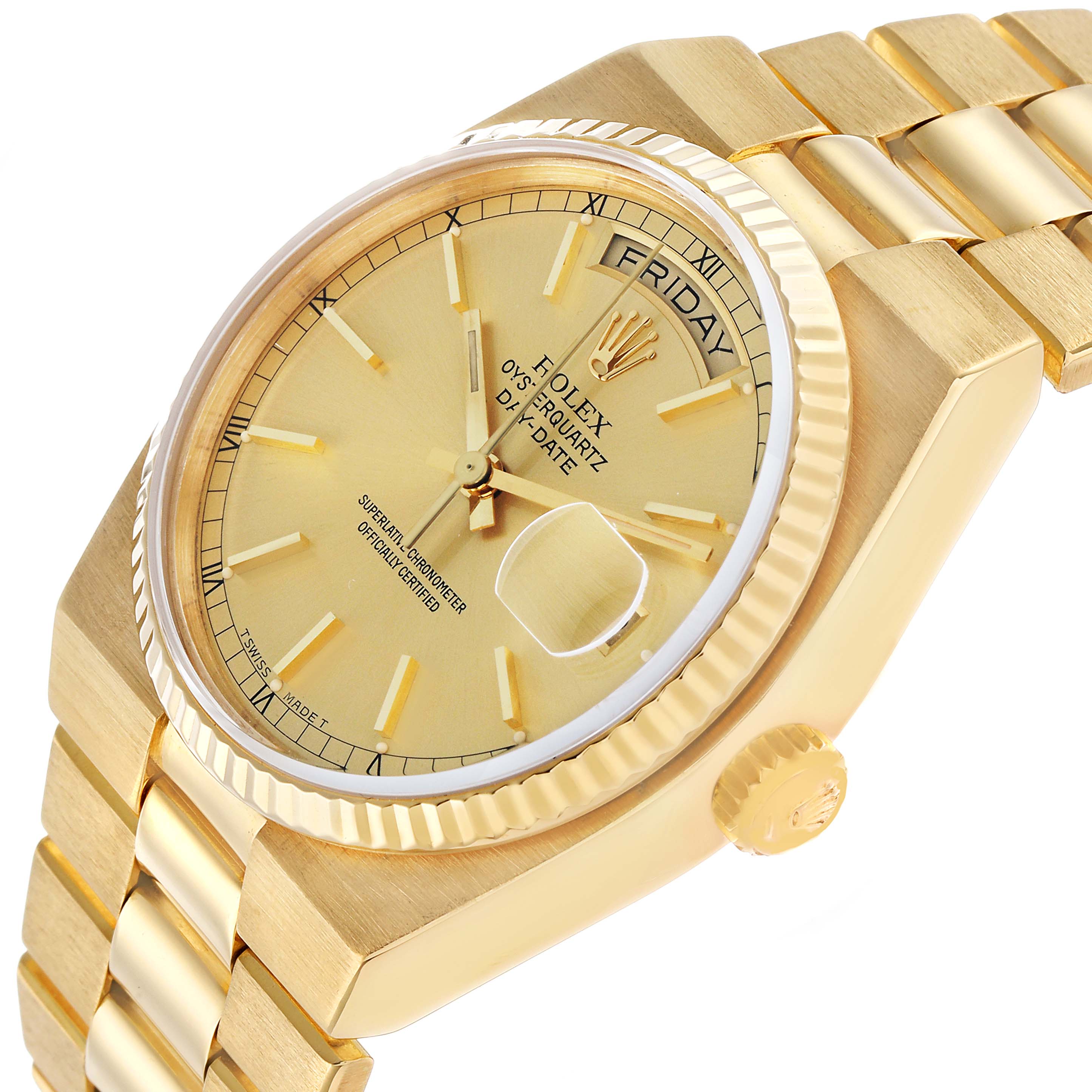 The Rolex Oysterquartz 19018 Men's Yellow Gold Champagne Dial watch is shown at an angle displaying the dial, case, bezel, crown, and part of the bracelet.