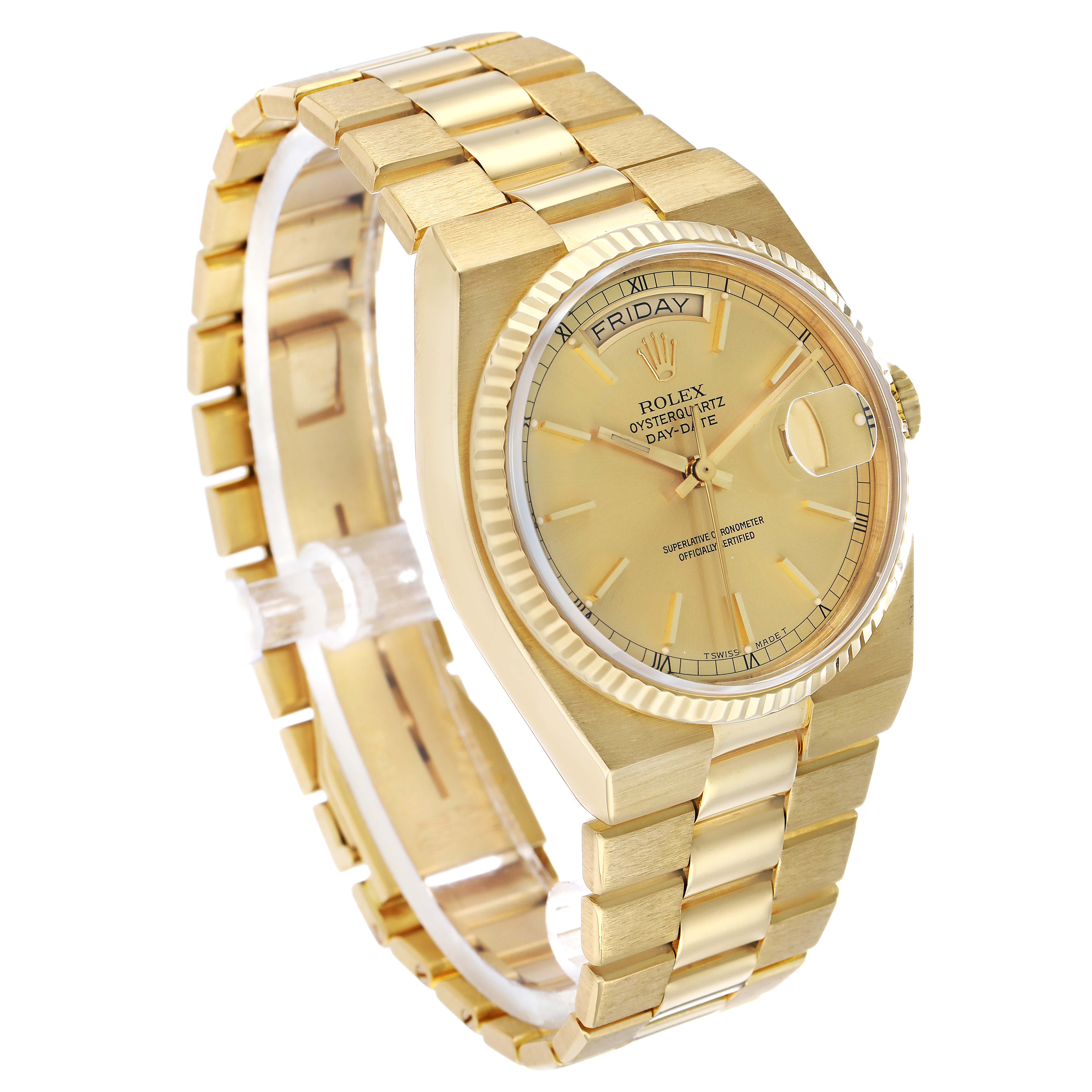 The Rolex Oysterquartz 19018 Men's Yellow Gold Champagne Dial watch is shown at a three-quarter angle, displaying the bracelet, dial, and bezel.