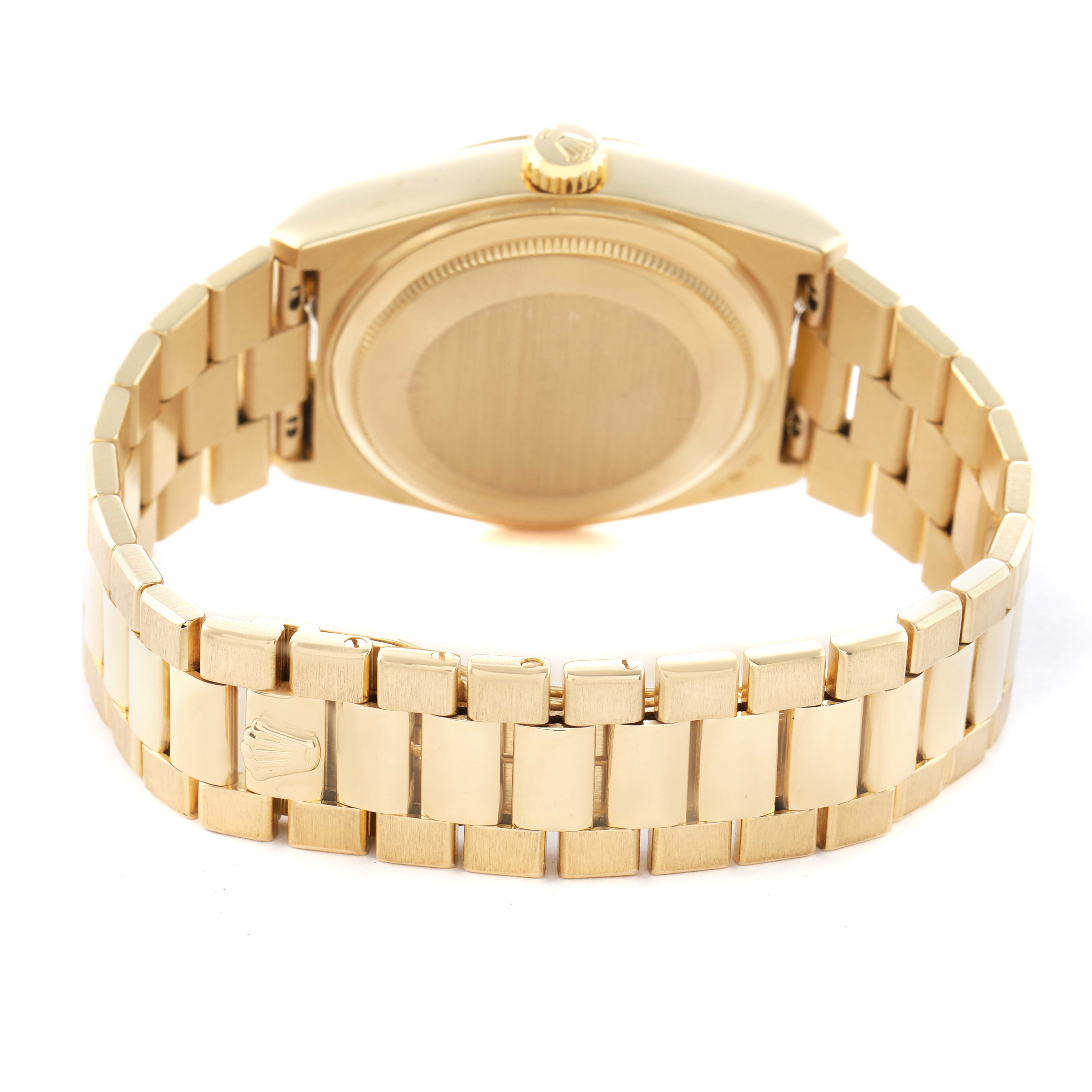 The image shows the back and bracelet of a Rolex Oysterquartz 19018 Men's Yellow Gold Champagne Dial watch from a rear angle, highlighting the watch case and clasp.