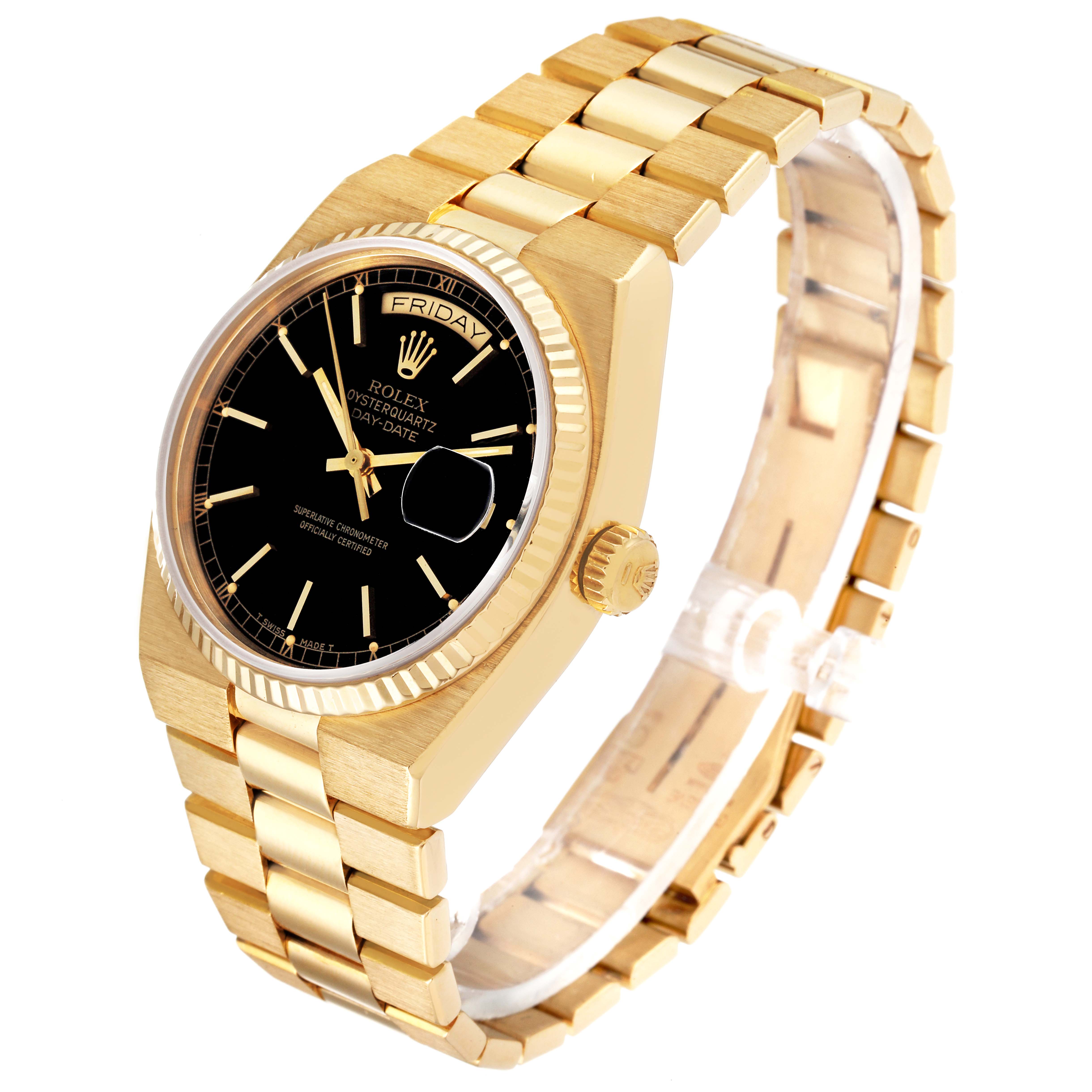 This image shows a side view of a gold Rolex Oysterquartz 19018 Men's Yellow Gold Black Dial 19018 Men's Yellow Gold Black Dial watch, highlighting the dial, case, crown, and part of the bracelet.