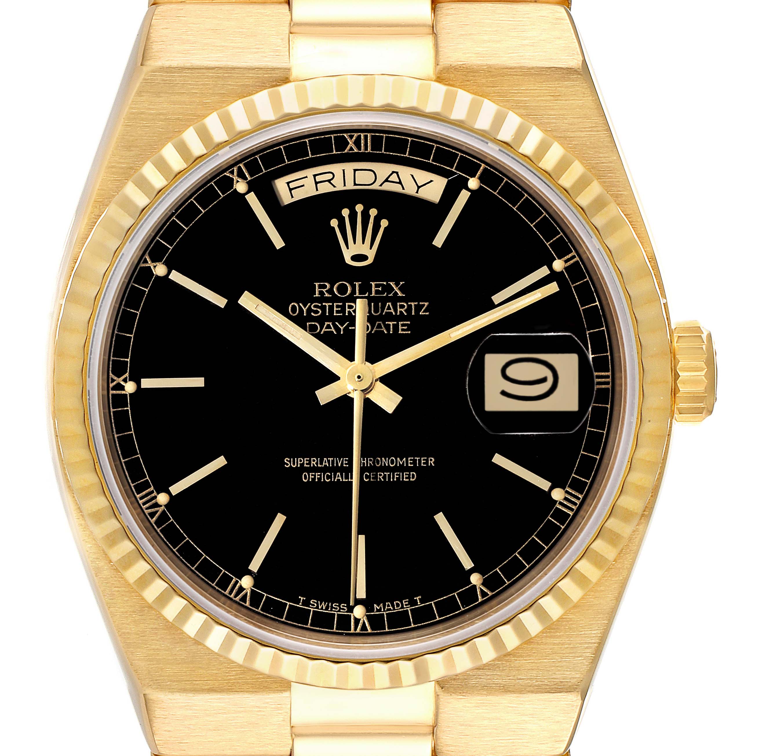 This image shows a front view of the Rolex Oysterquartz 19018 Men's Yellow Gold Black Dial 19018 Men's Yellow Gold Black Dial watch, highlighting its black dial, day and date display, and gold case.