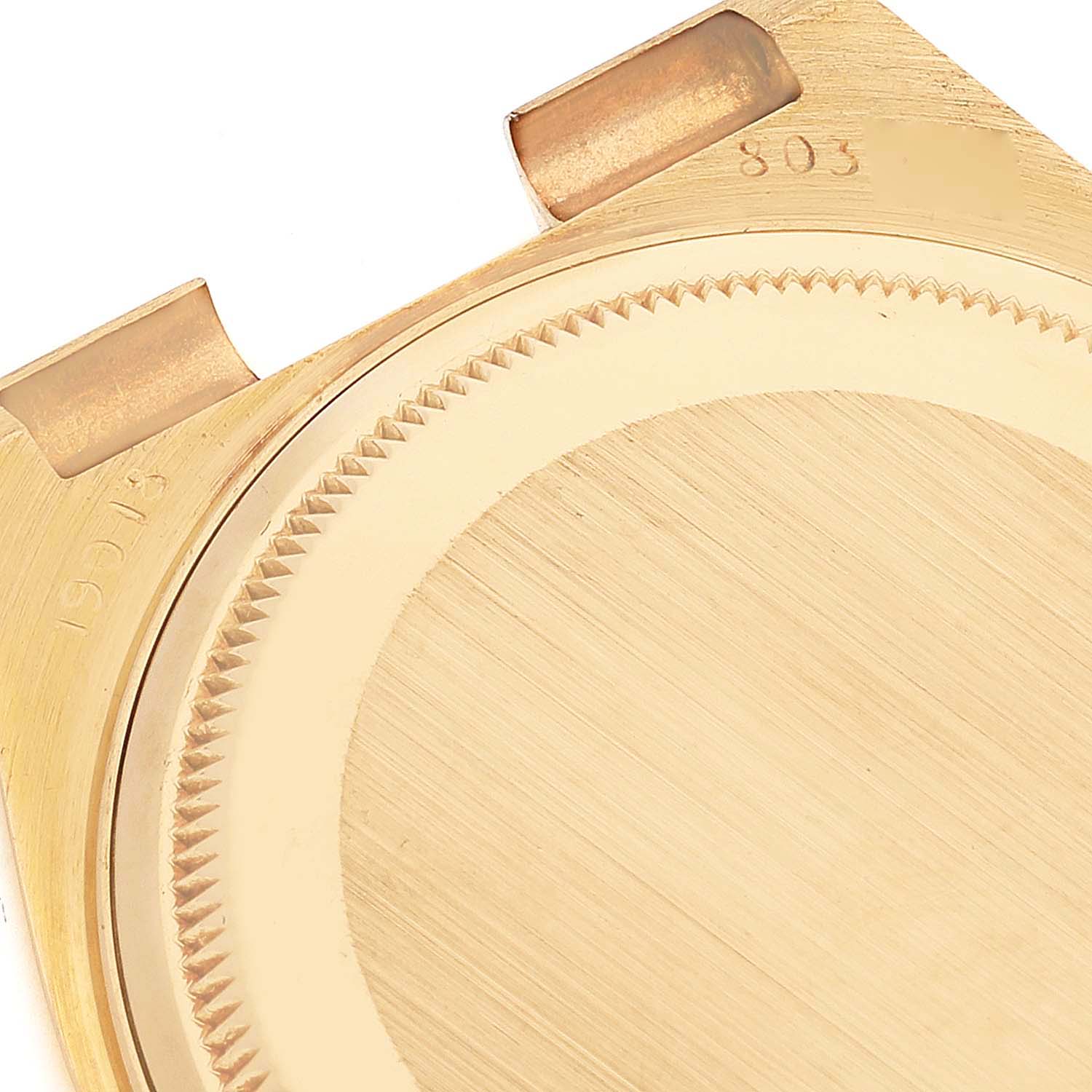 The image shows the inner case back of a Rolex Oysterquartz 19018 Men's Yellow Gold Black Dial 19018 Men's Yellow Gold Black Dial watch from a close-up angle.