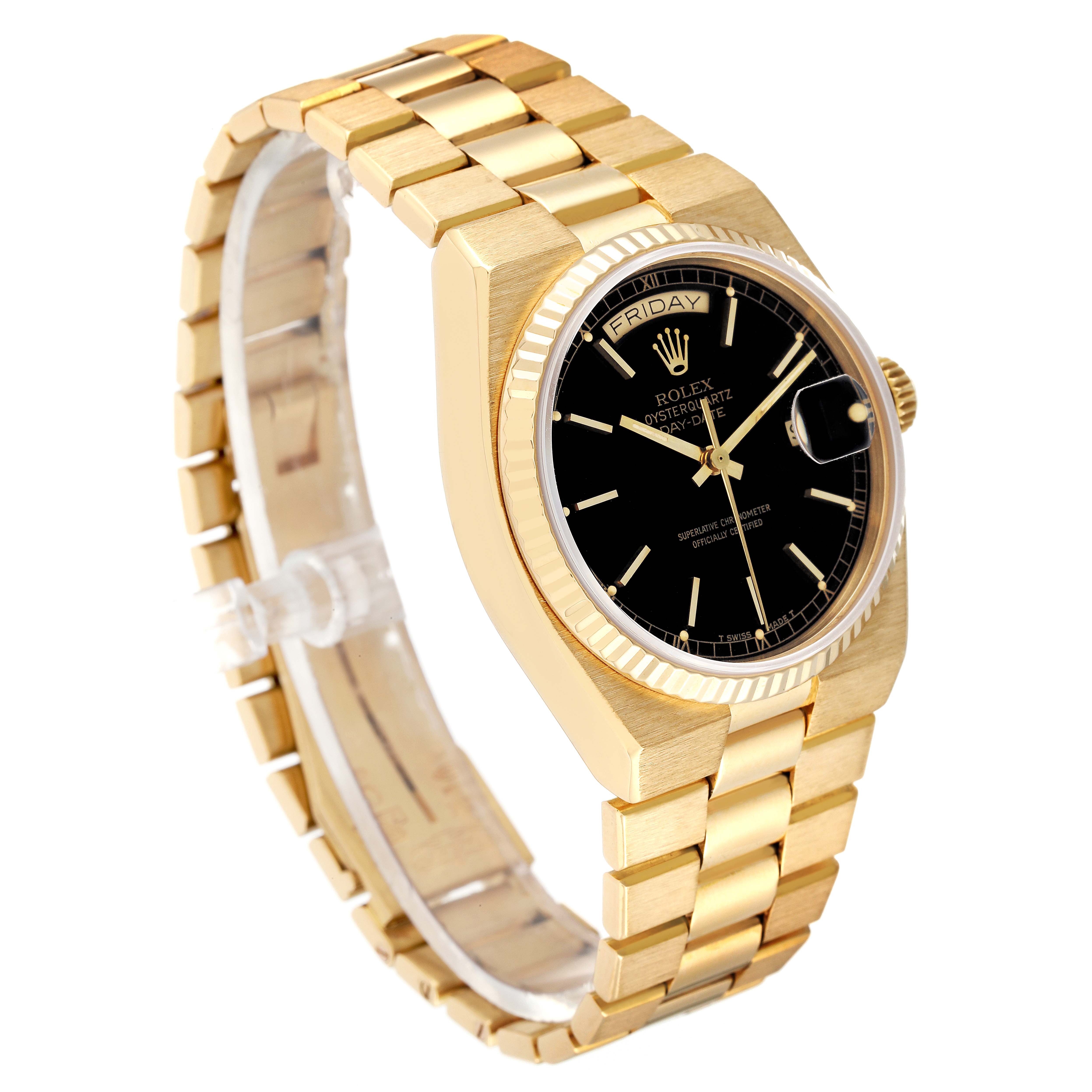 This Rolex Oysterquartz 19018 Men's Yellow Gold Black Dial 19018 Men's Yellow Gold Black Dial watch is shown at a three-quarter angle, highlighting the gold bracelet, black dial, and day-date display.