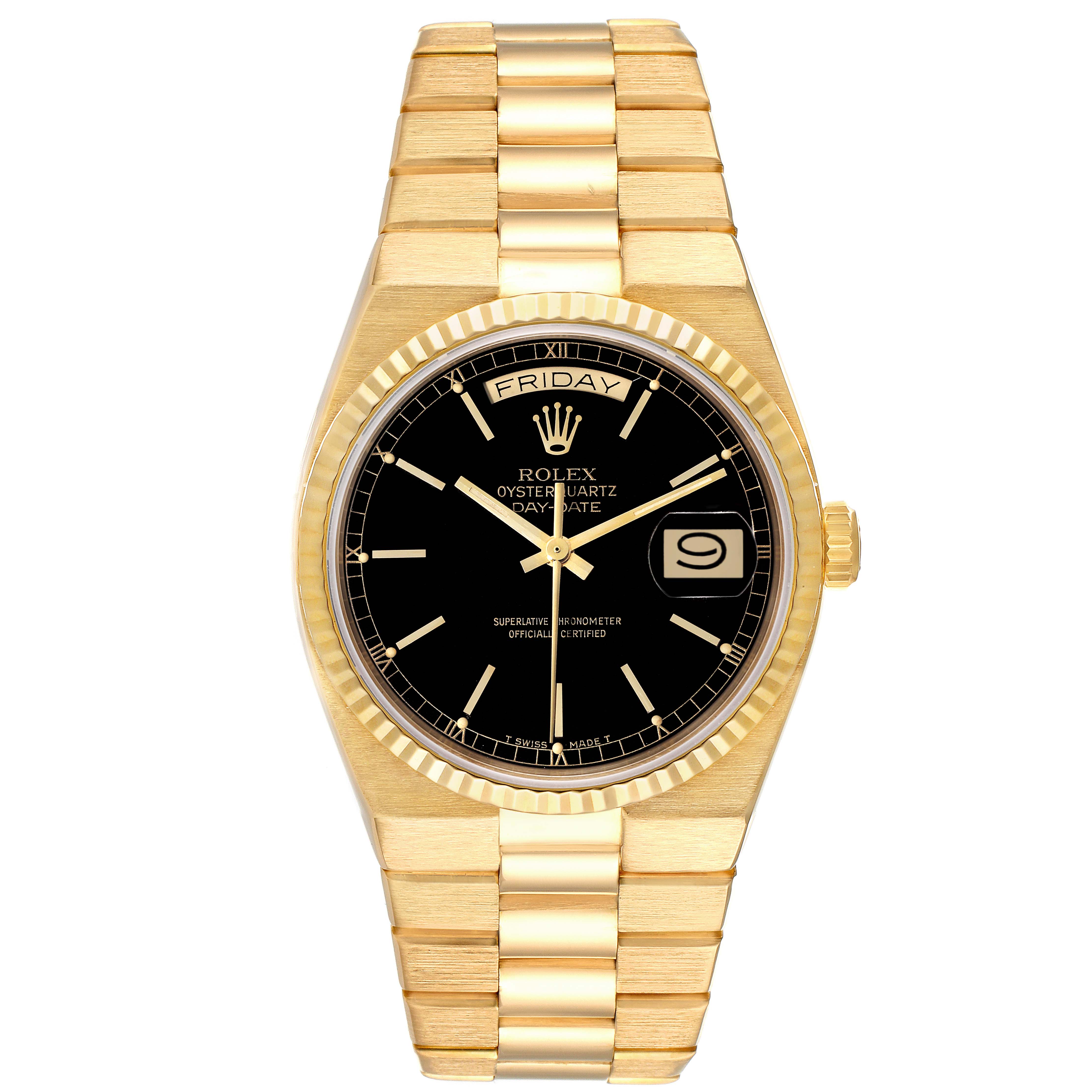 The image shows a front view of a Rolex Oysterquartz 19018 Men's Yellow Gold Black Dial 19018 Men's Yellow Gold Black Dial watch, featuring its gold bracelet, black dial, and day-date display.