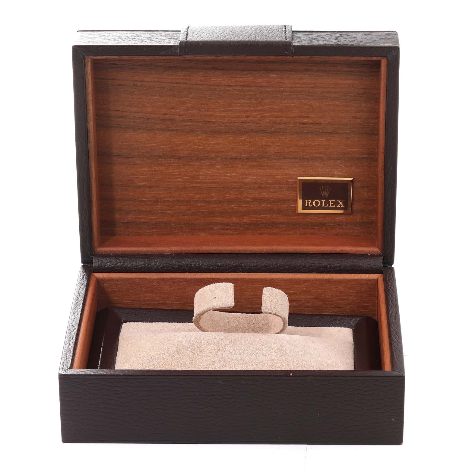 The image shows an open watch box for the Rolex Oysterquartz 19018 Men's Yellow Gold Black Dial 19018 Men's Yellow Gold Black Dial model, featuring a wooden interior and a Rolex logo plaque.