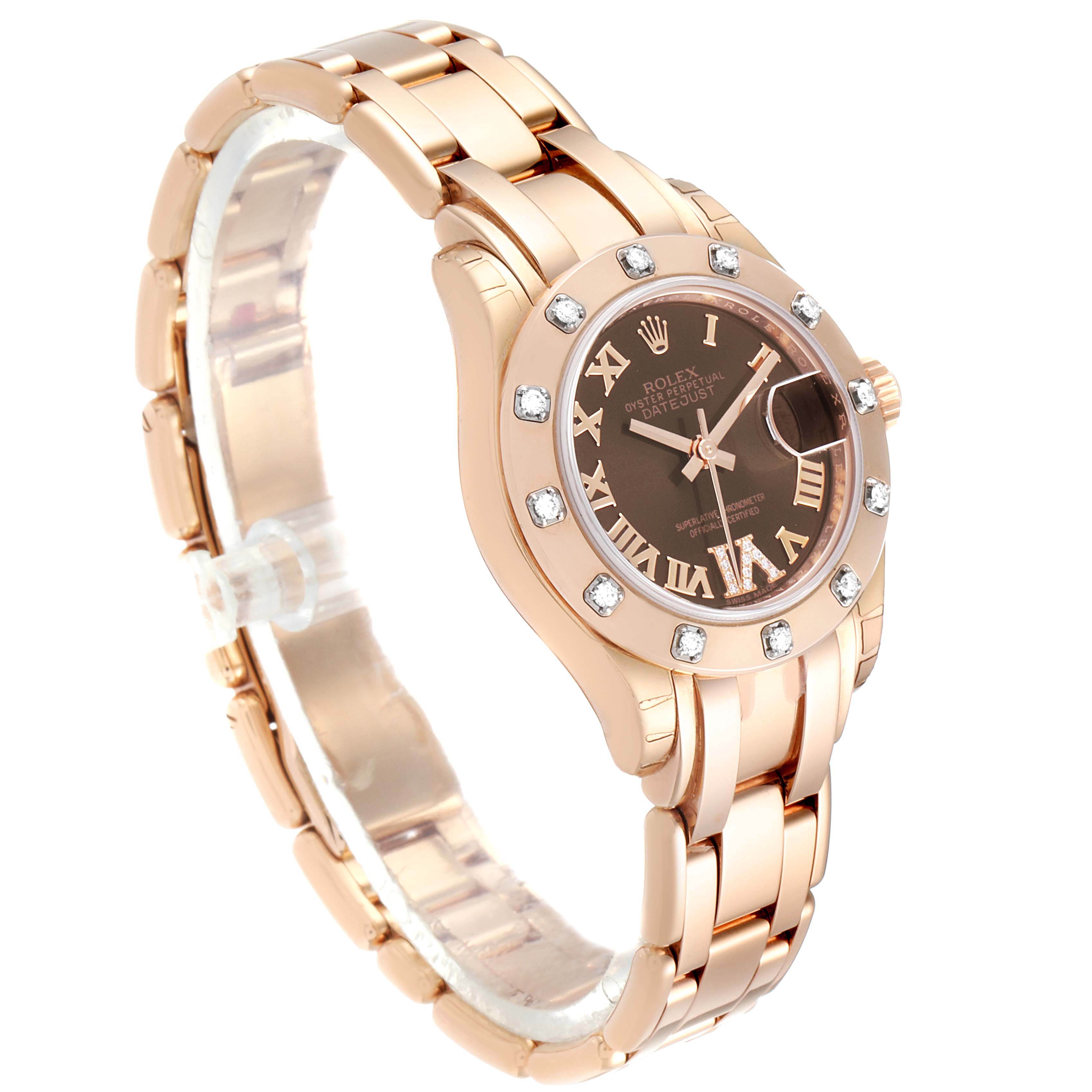 The Rolex Pearlmaster 80315 Women's Rose Gold Brown Dial 80315 Women's Rose Gold Brown Dial watch is shown at a three-quarter angle, highlighting its face, bezel, and bracelet.