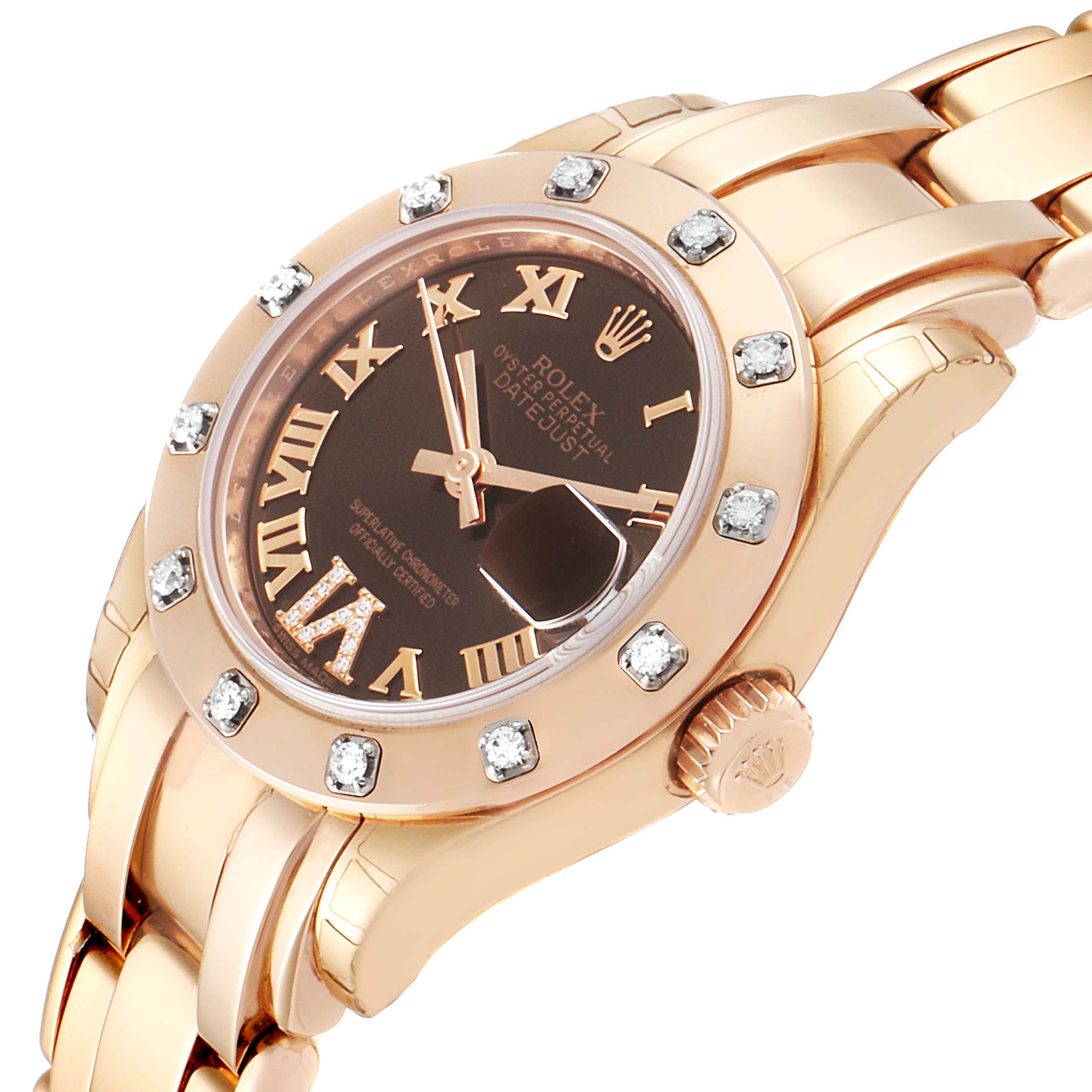 This image shows a close-up, angled view of a Rolex Pearlmaster 80315 Women's Rose Gold Brown Dial 80315 Women's Rose Gold Brown Dial watch, showcasing its dial, bezel, and part of the bracelet.