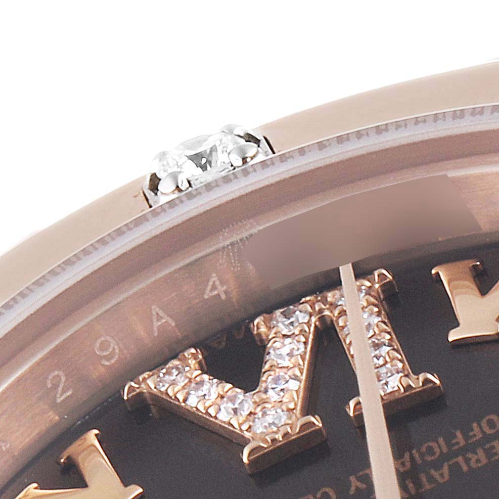 The close-up angle shows part of the face, bezel, and a diamond detail of the Rolex Pearlmaster 80315 Women's Rose Gold Brown Dial 80315 Women's Rose Gold Brown Dial watch.