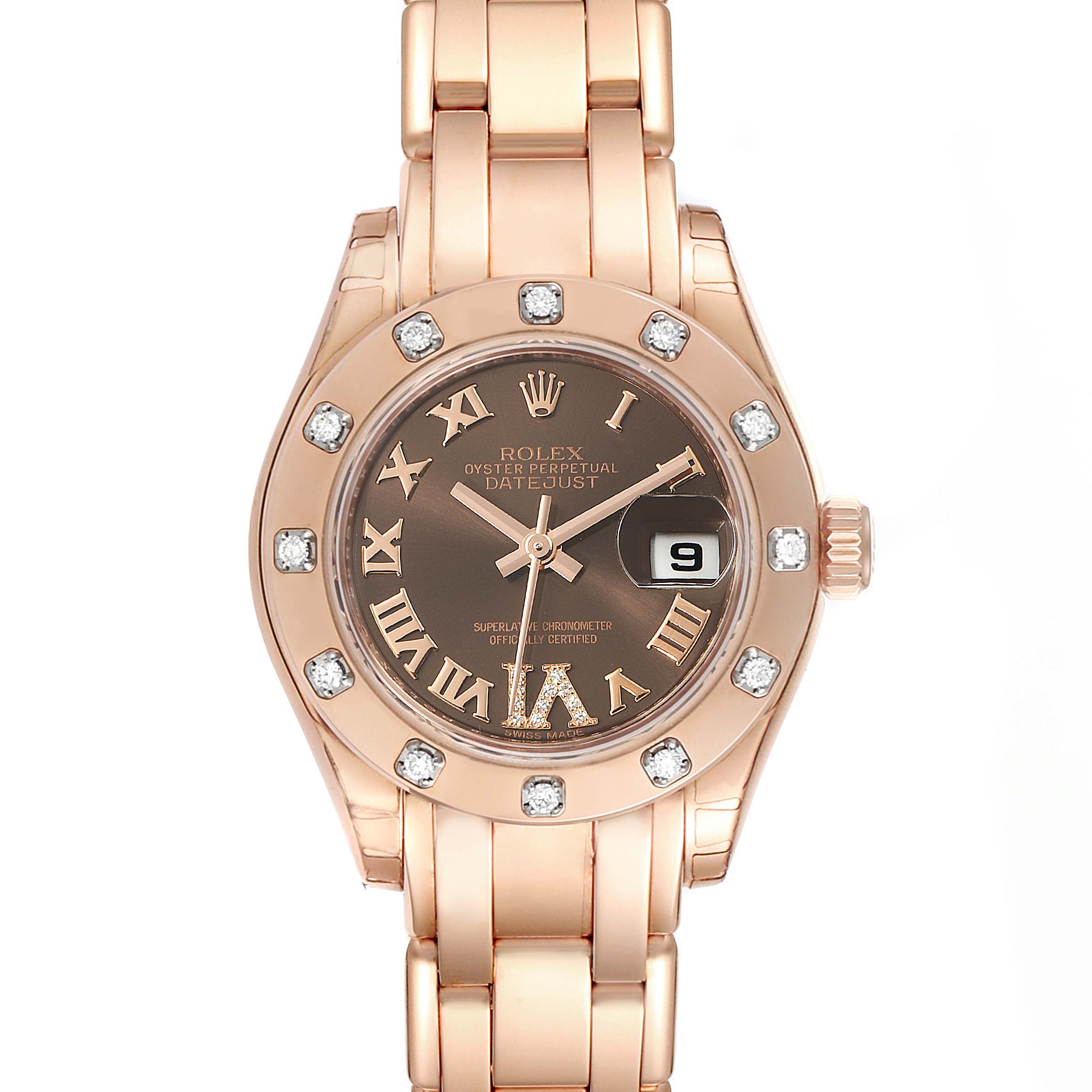 The image shows a front view of the Rolex Pearlmaster 80315 Women's Rose Gold Brown Dial 80315 Women's Rose Gold Brown Dial watch, highlighting its dial, bezel, and bracelet.
