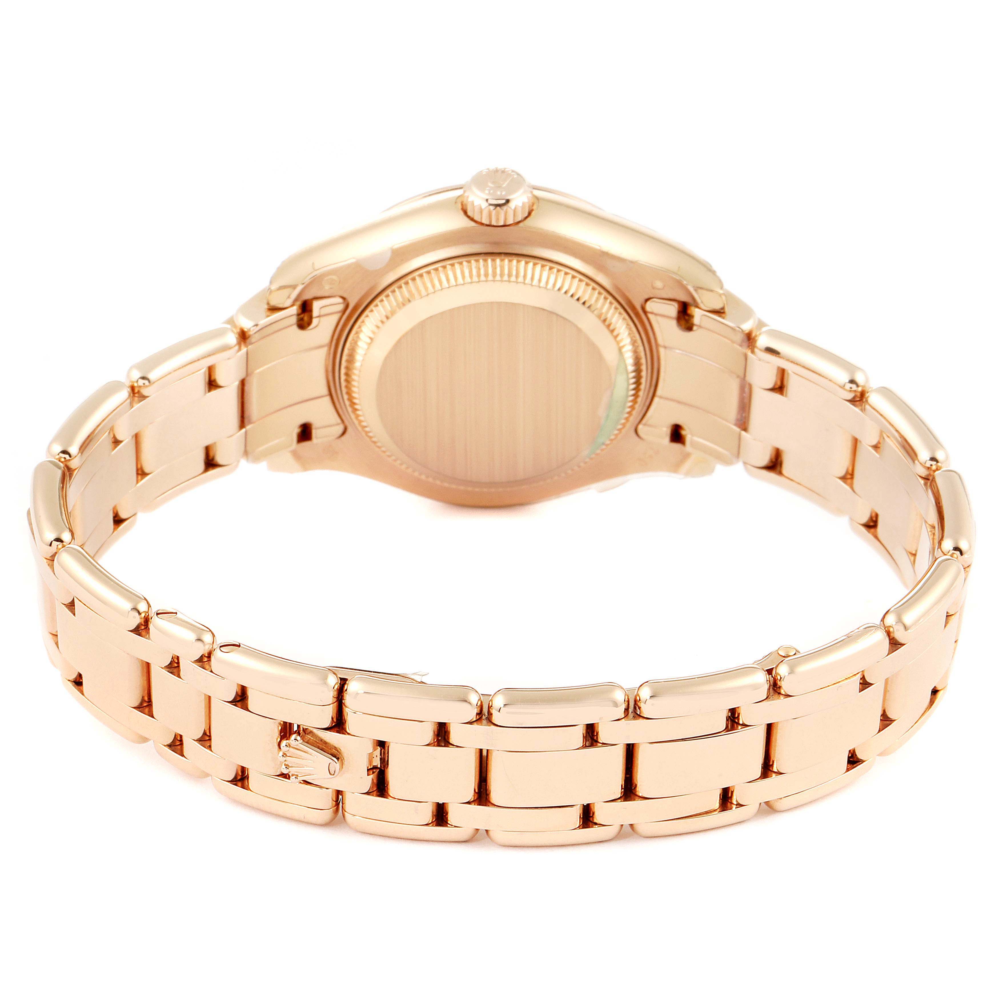 The image shows the back and bracelet of a Rolex Pearlmaster 80315 Women's Rose Gold Brown Dial 80315 Women's Rose Gold Brown Dial watch in a rear-facing angle.