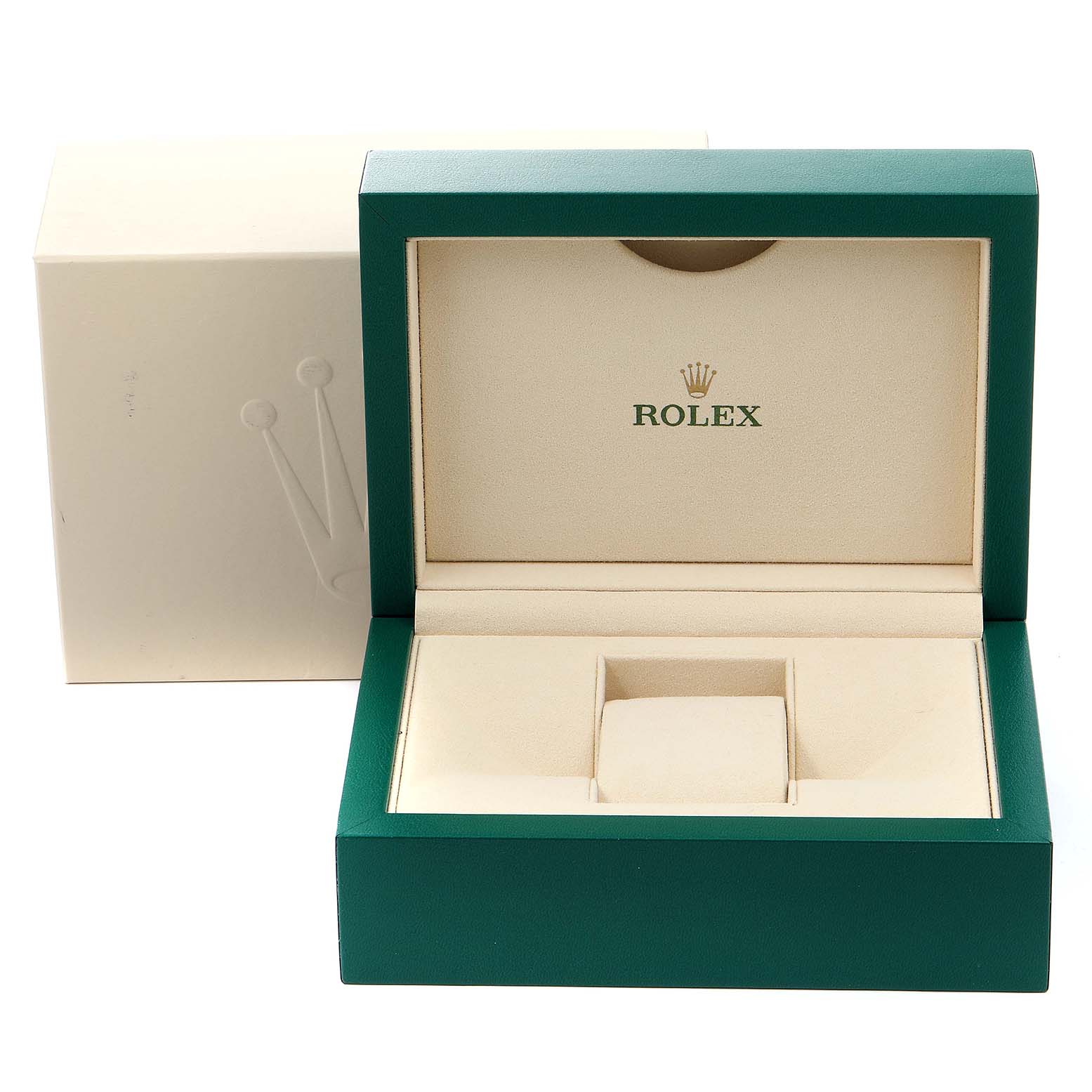 This image shows an open Rolex Pearlmaster 80315 Women's Rose Gold Brown Dial 80315 Women's Rose Gold Brown Dial watch box with the brand logo visible inside the lid.