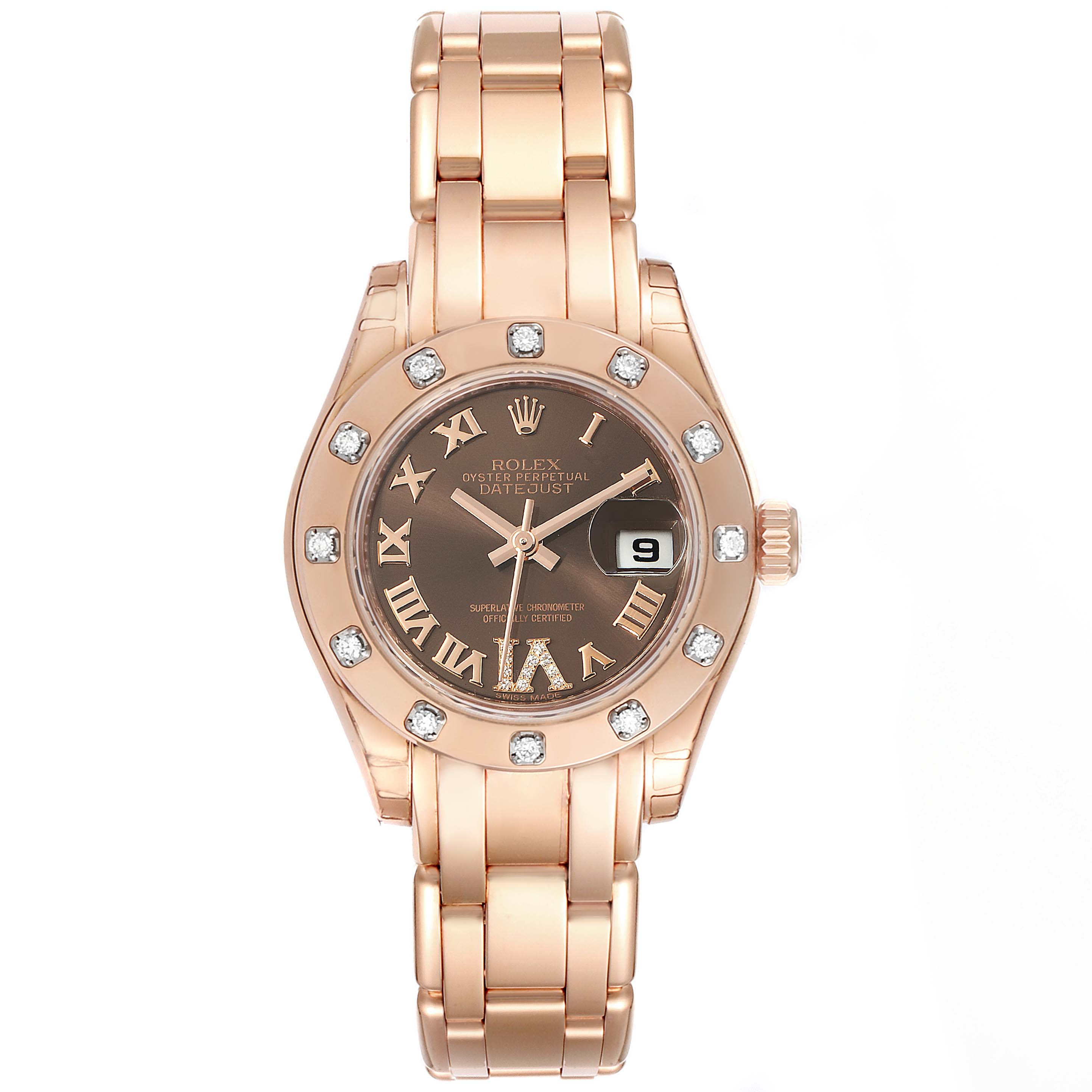 This Rolex Pearlmaster 80315 Women's Rose Gold Brown Dial 80315 Women's Rose Gold Brown Dial watch is shown from the front, displaying its face, bezel, and full bracelet.