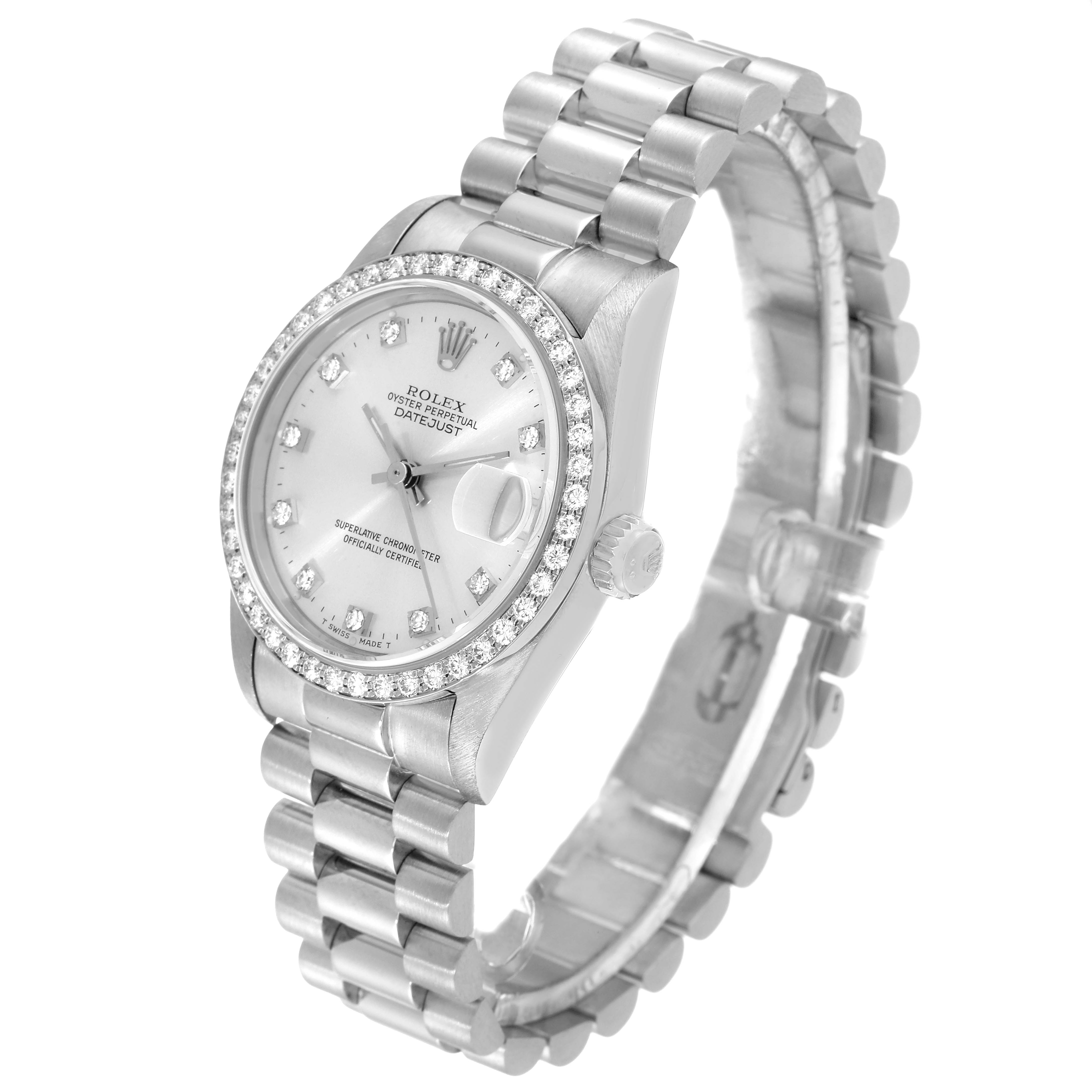 The Rolex President 68289 Women's White Gold Silver Dial 68289 Women's White Gold Silver Dial model watch is shown from a high-angle side view, highlighting the face, bezel, and bracelet.