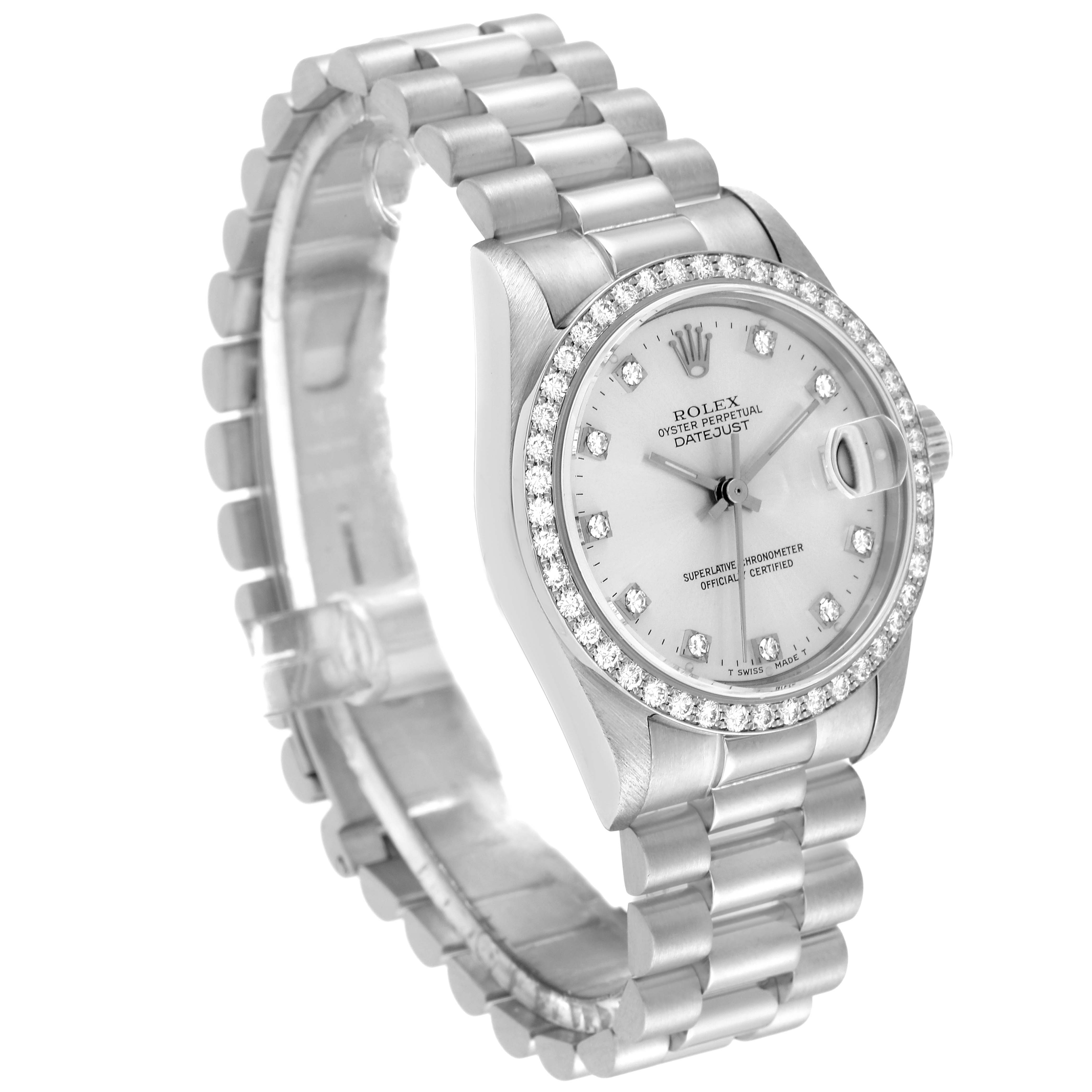 This image shows a Rolex President 68289 Women's White Gold Silver Dial 68289 Women's White Gold Silver Dial model watch at a slight angle, highlighting its face, bezel, and bracelet.