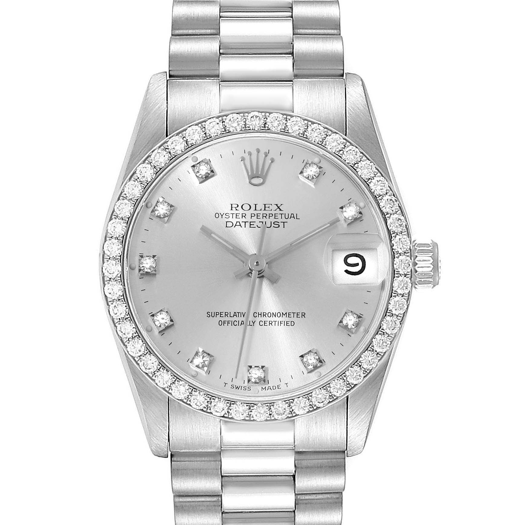 The Rolex President 68289 Women's White Gold Silver Dial 68289 Women's White Gold Silver Dial Datejust watch is shown from a top-down angle, highlighting the dial, bezel, and bracelet.