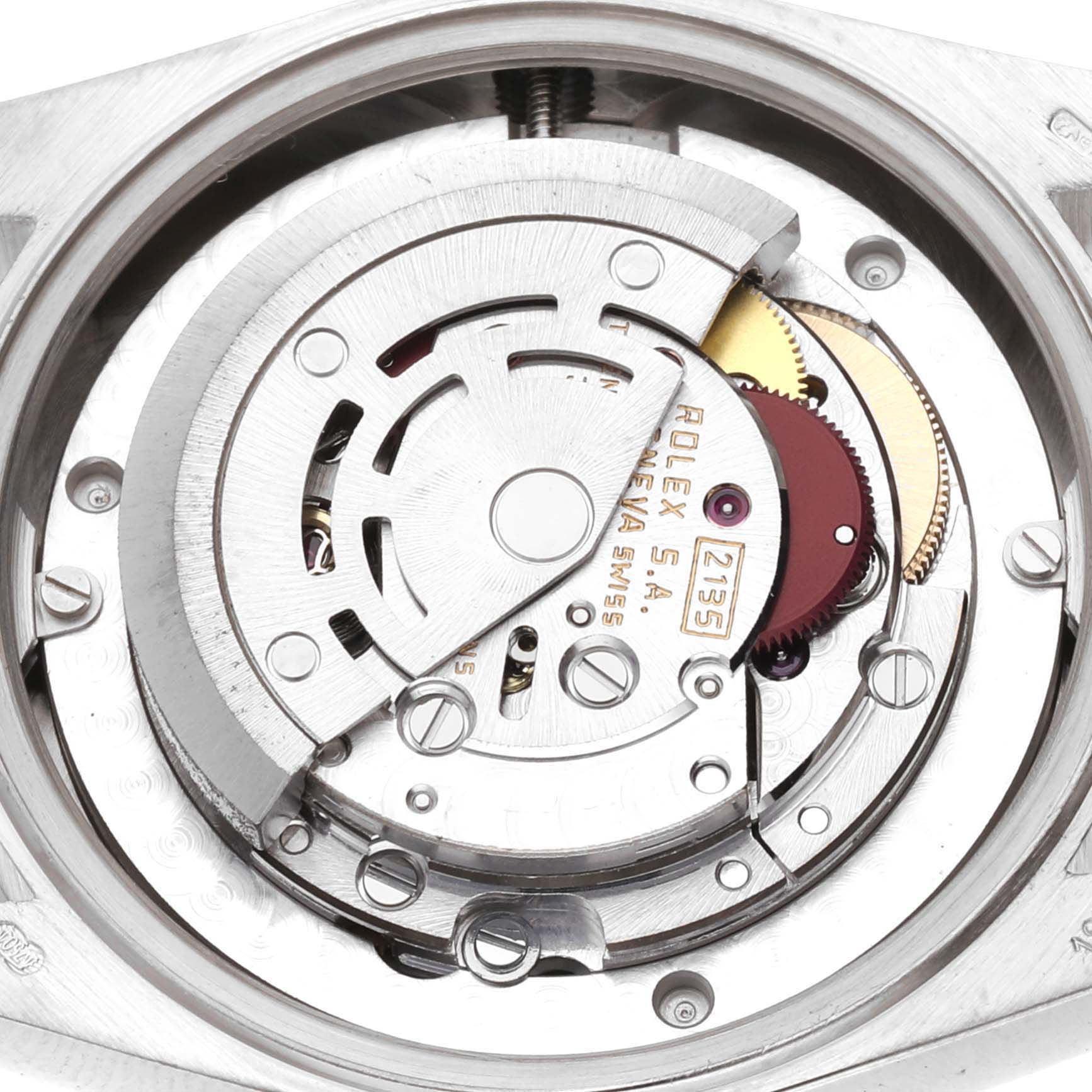 This image shows a close-up of the internal movement mechanism of a Rolex President 68289 Women's White Gold Silver Dial 68289 Women's White Gold Silver Dial model watch.