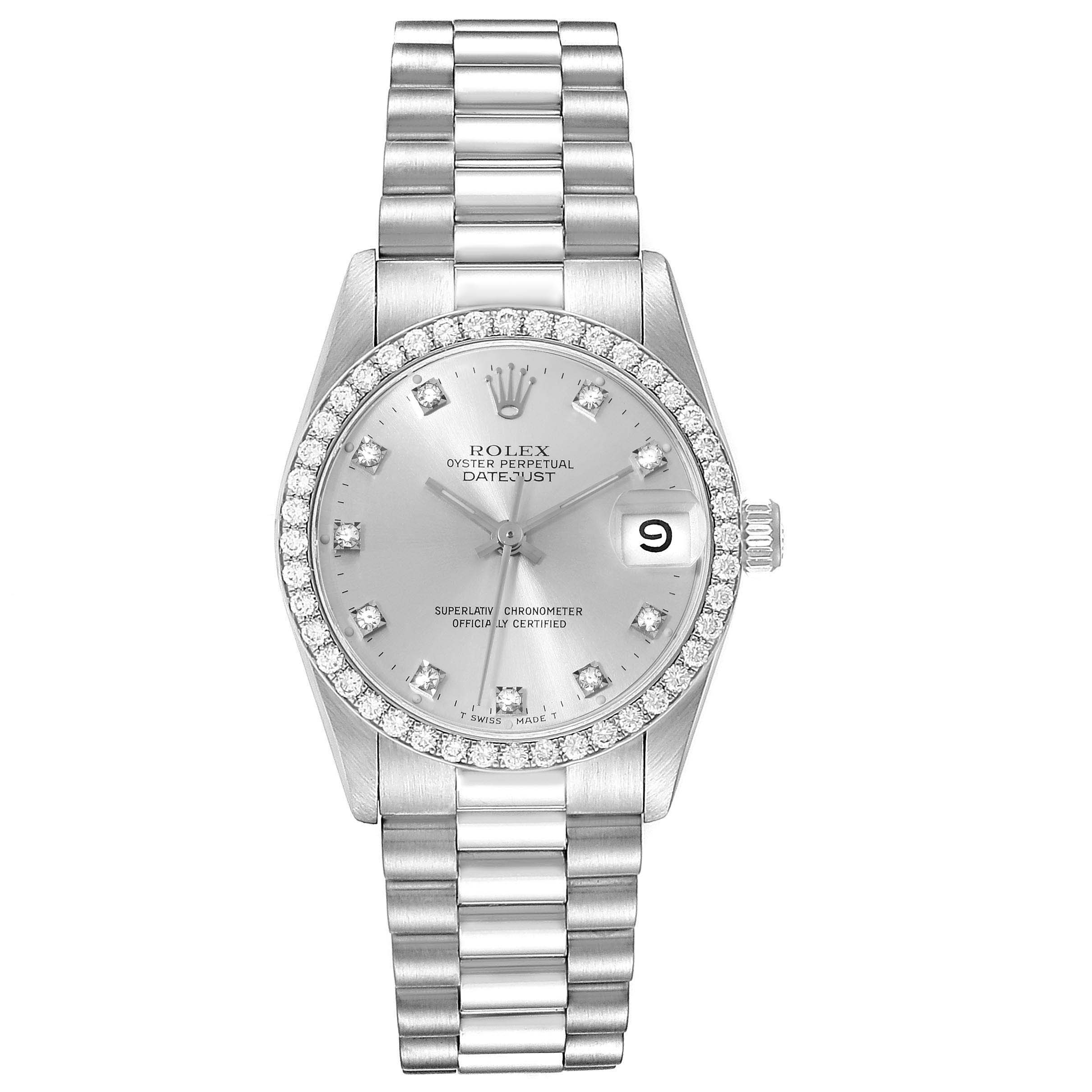 The image shows a front angle view of the Rolex President 68289 Women's White Gold Silver Dial 68289 Women's White Gold Silver Dial model watch, displaying the dial, bracelet, and date window.