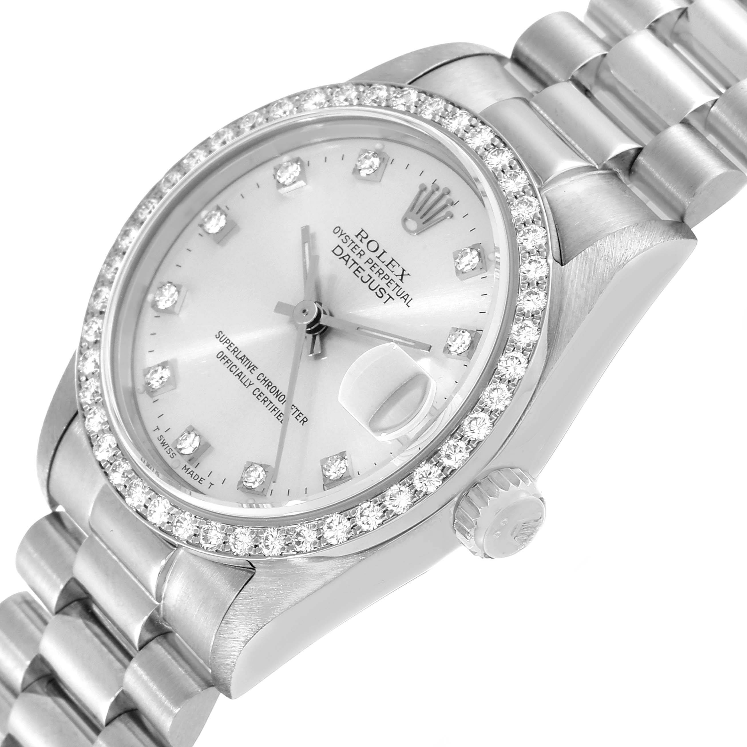 The Rolex President 68289 Women's White Gold Silver Dial 68289 Women's White Gold Silver Dial watch is shown at an oblique angle, highlighting its bejeweled bezel, crown, and part of the bracelet.