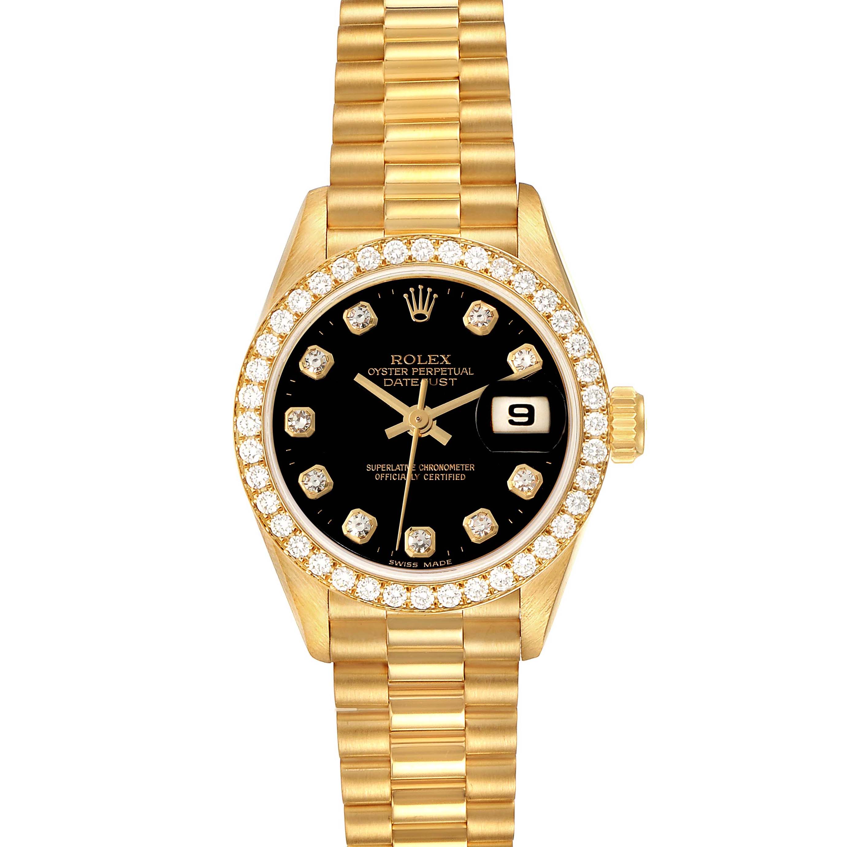 This image shows a front view of the Rolex President 69138 Women's Yellow Gold Black Dial 69138 Women's Yellow Gold Black Dial model, featuring its gold band, black dial, and diamond-studded bezel.